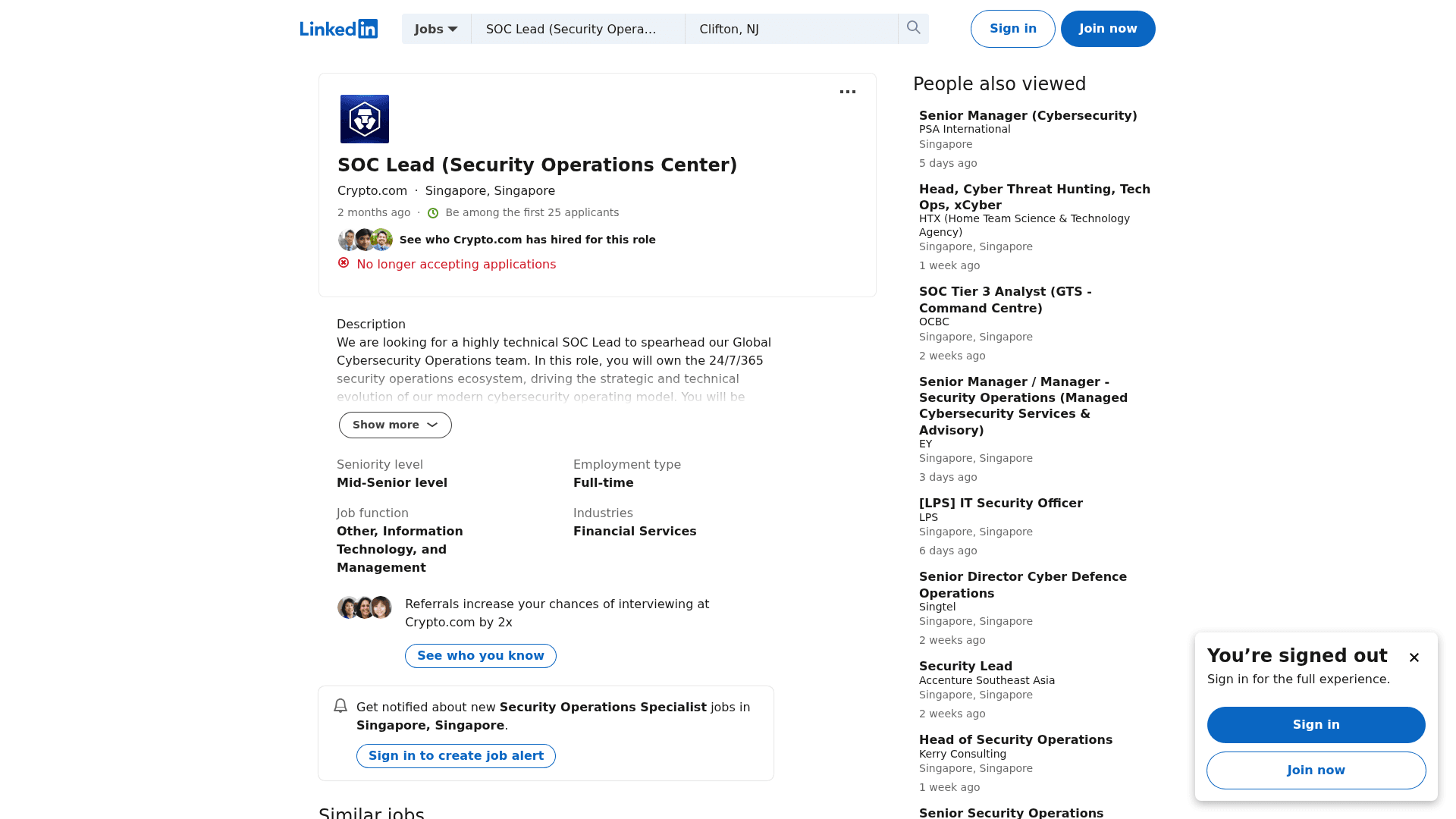 Screenshot of the Crypto.com SOC Lead (Security Operations Center) job posting, captured 2026-08-31