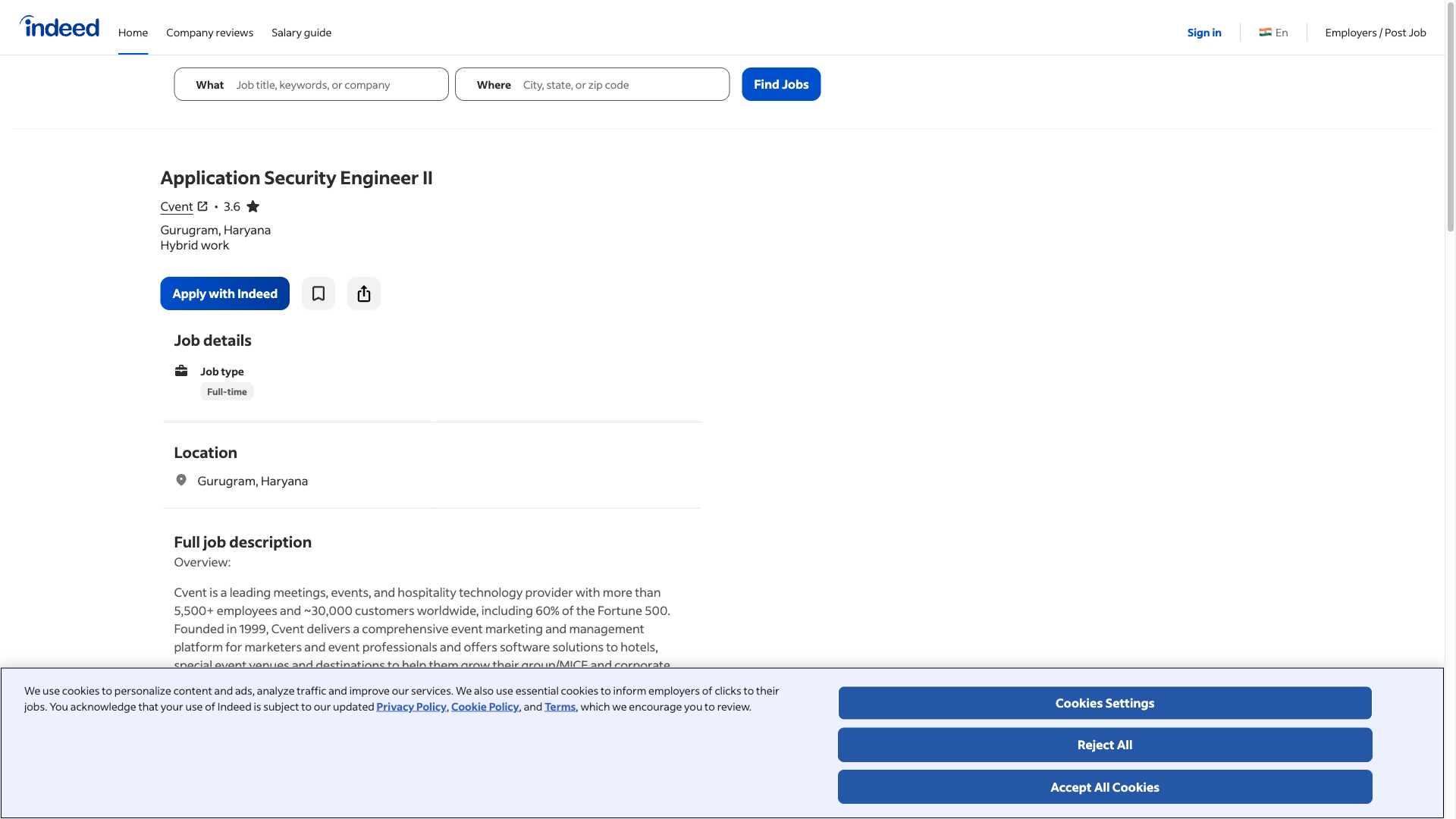 Screenshot of the Cvent Application Security Engineer II job posting, captured 2026-09-05