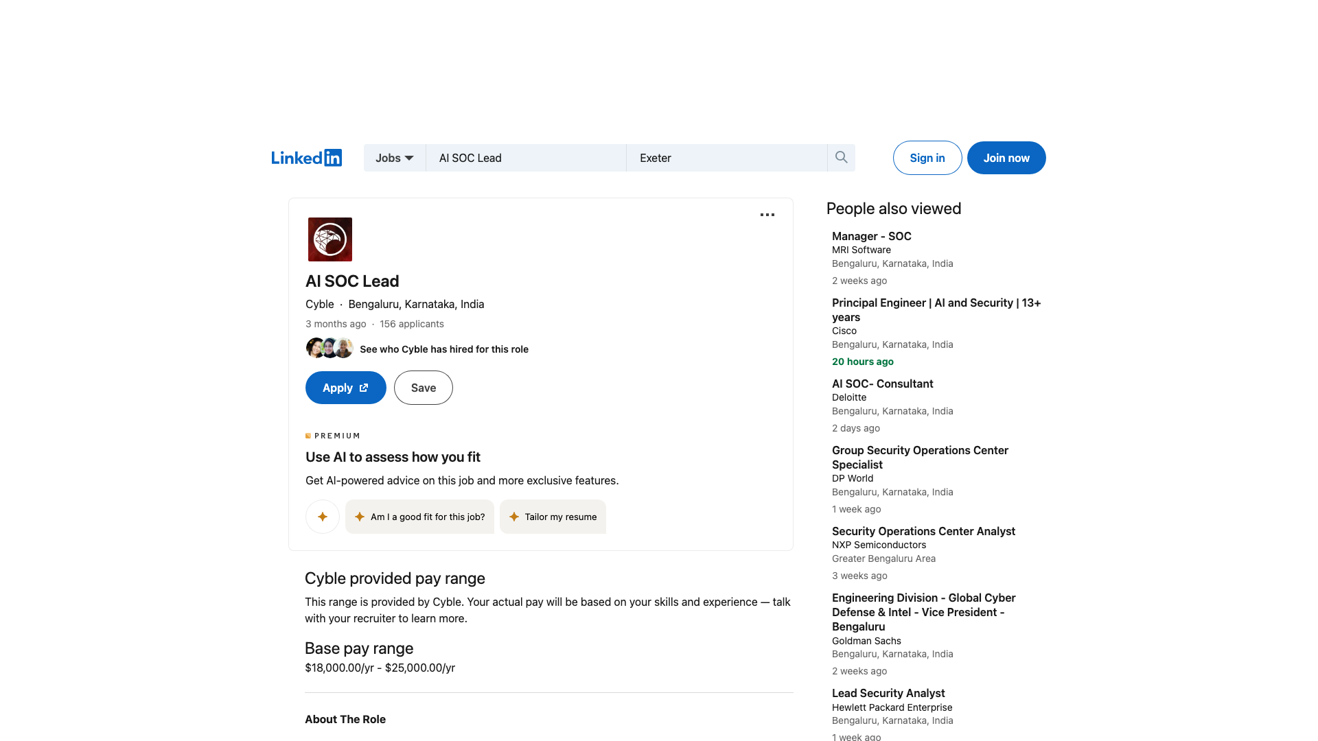 Screenshot of the Cyble AI SOC Lead job posting, captured 2026-09-05