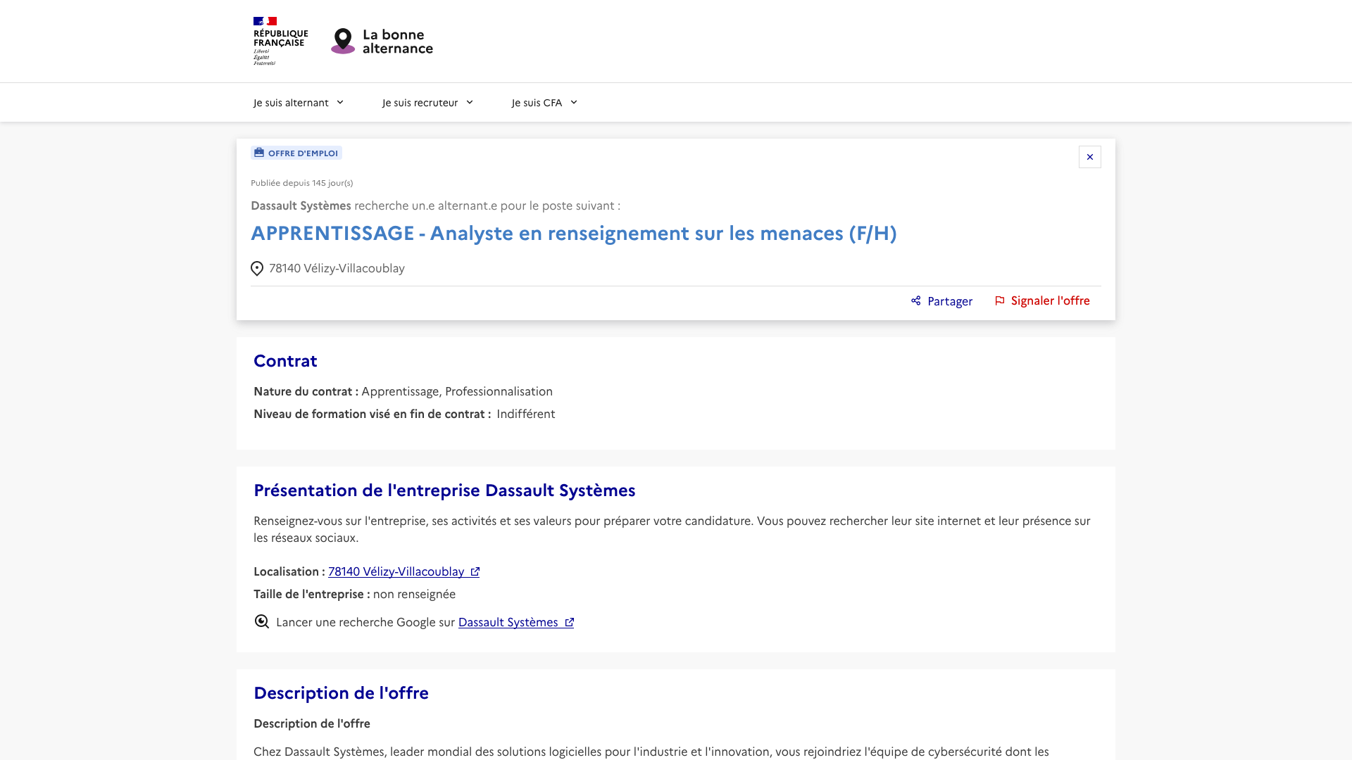 Screenshot of the Dassault Systèmes APPRENTISSAGE - Analyste en renseignement sur les menaces (F/H) job posting, captured 2026-09-05