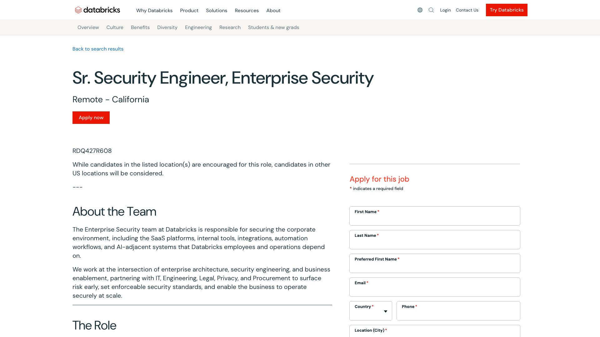 Screenshot of the Databricks Sr. Security Engineer, Enterprise Security job posting, captured 2026-10-22