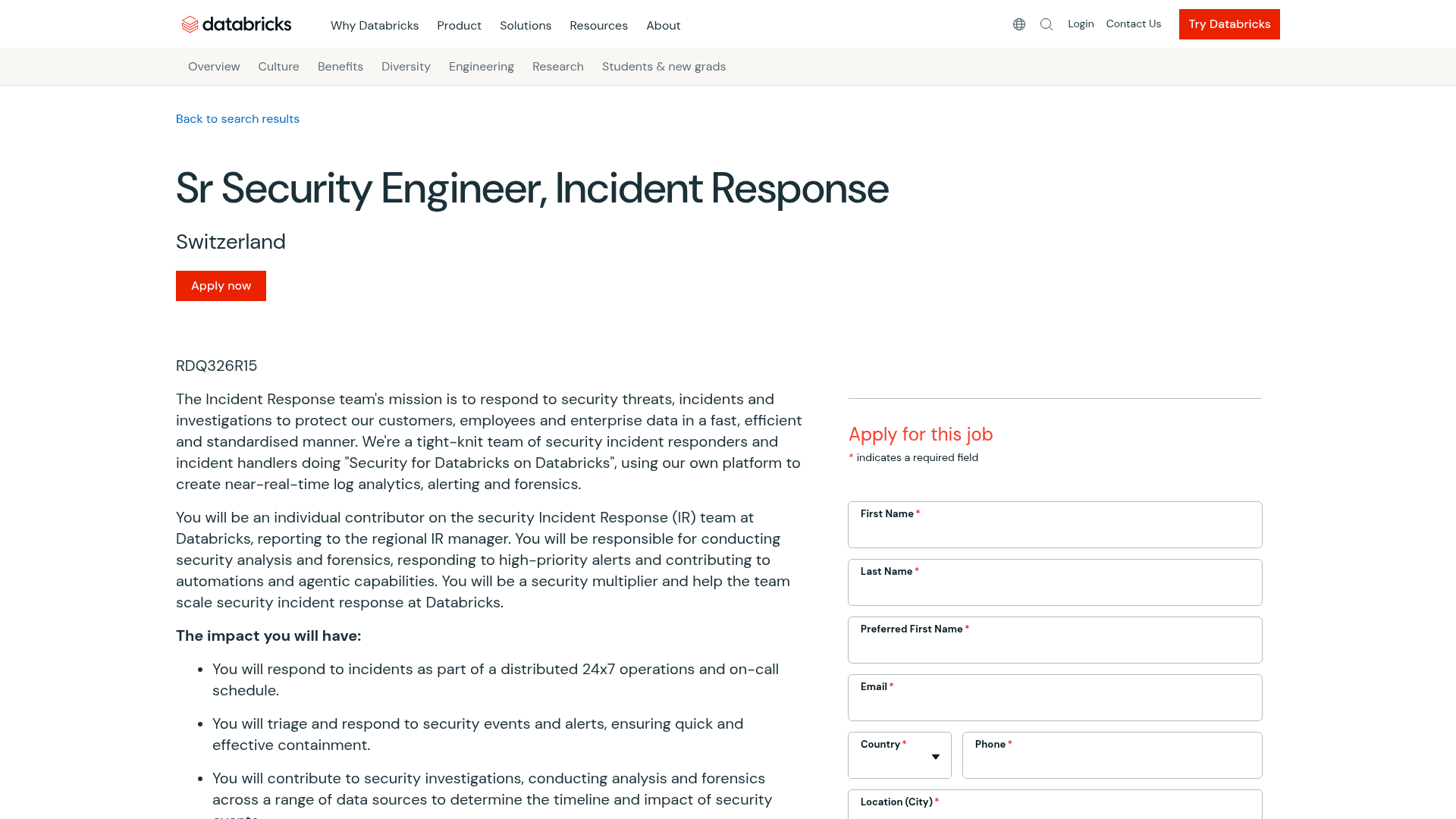 Screenshot of the Databricks Sr Security Engineer, Incident Response job posting, captured 2026-08-31