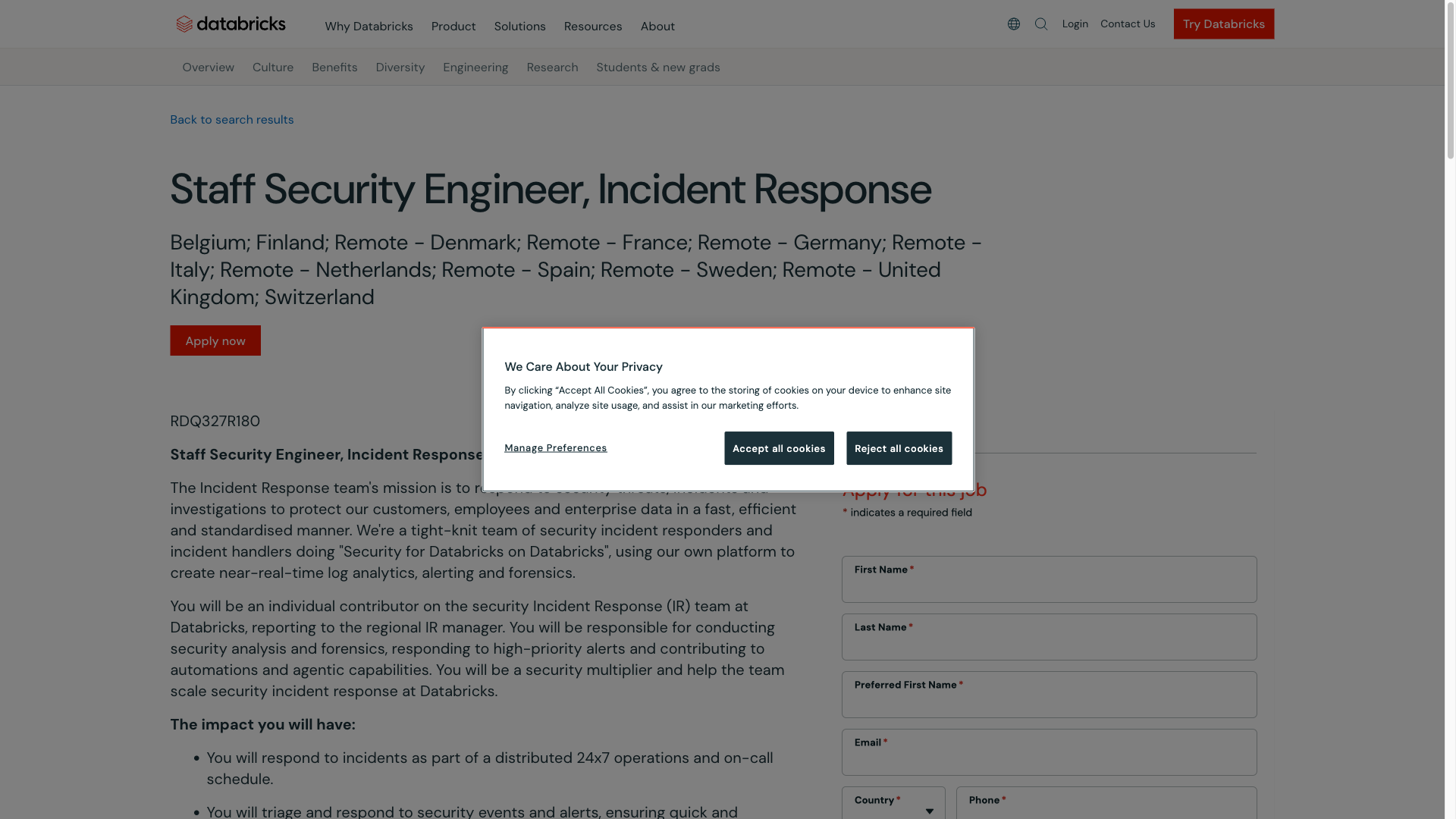 Screenshot of the Databricks Staff Security Engineer, Incident Response job posting, captured 2026-10-08