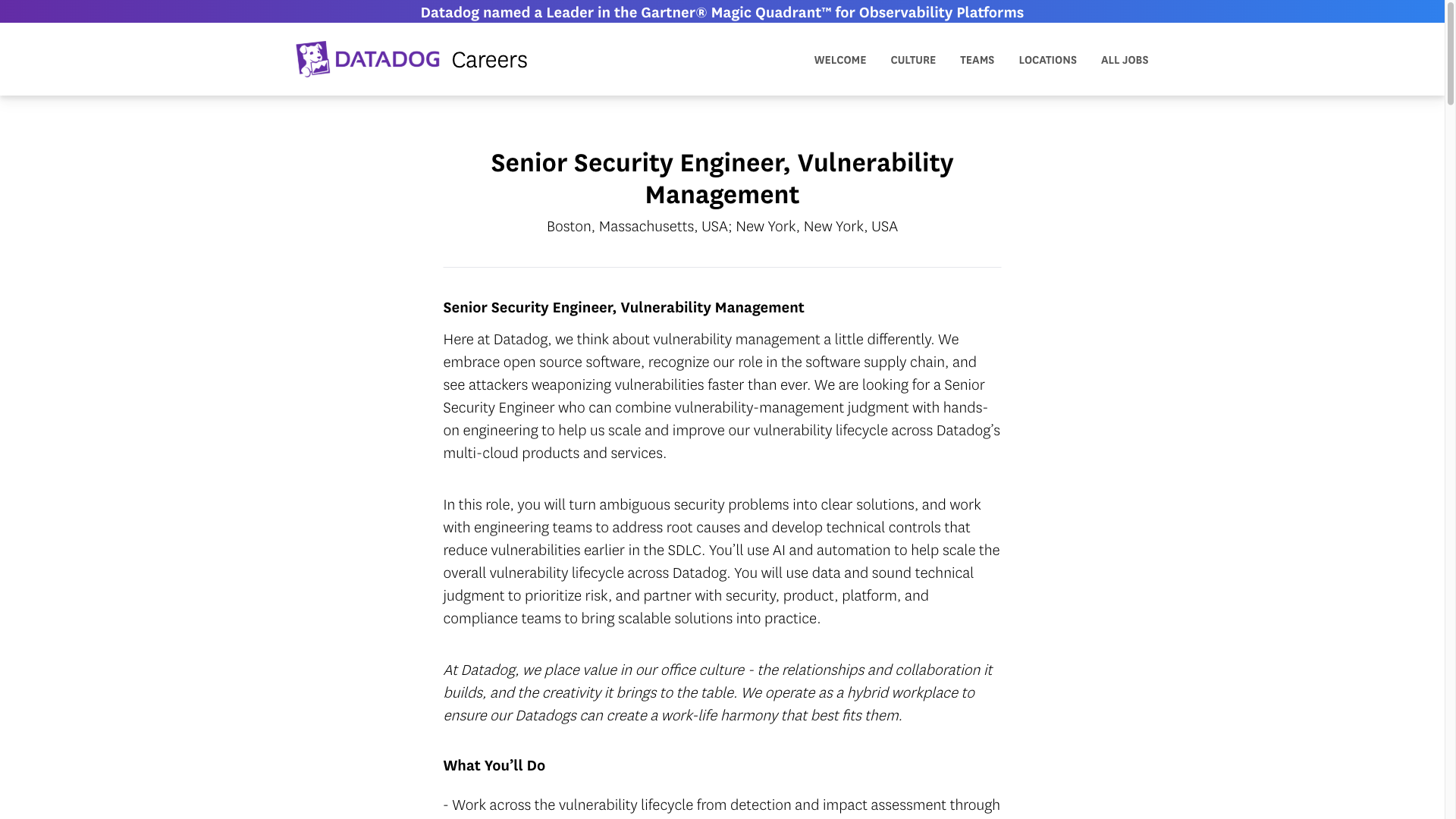 Screenshot of the Datadog Senior Security Engineer, Vulnerability Management job posting, captured 2026-09-23