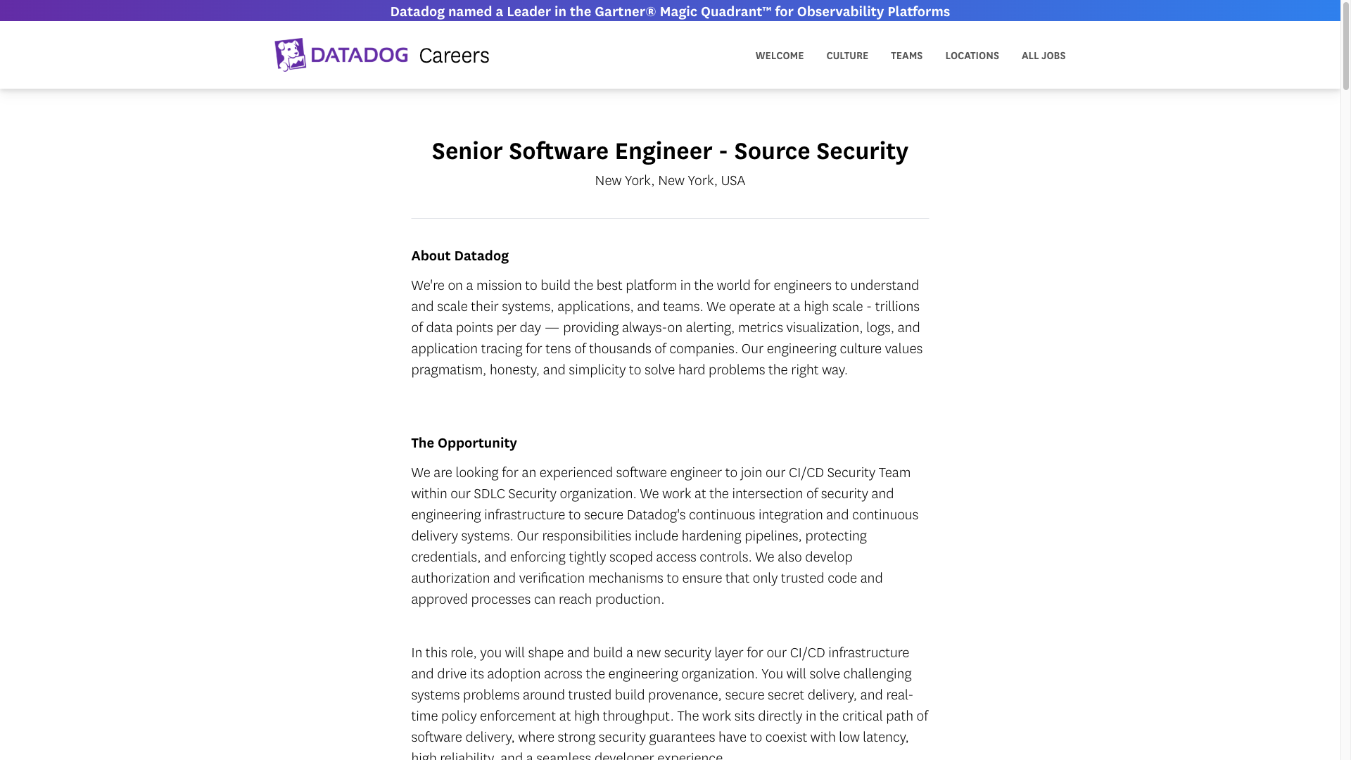 Screenshot of the Datadog Senior Software Engineer - Source Security job posting, captured 2026-09-23