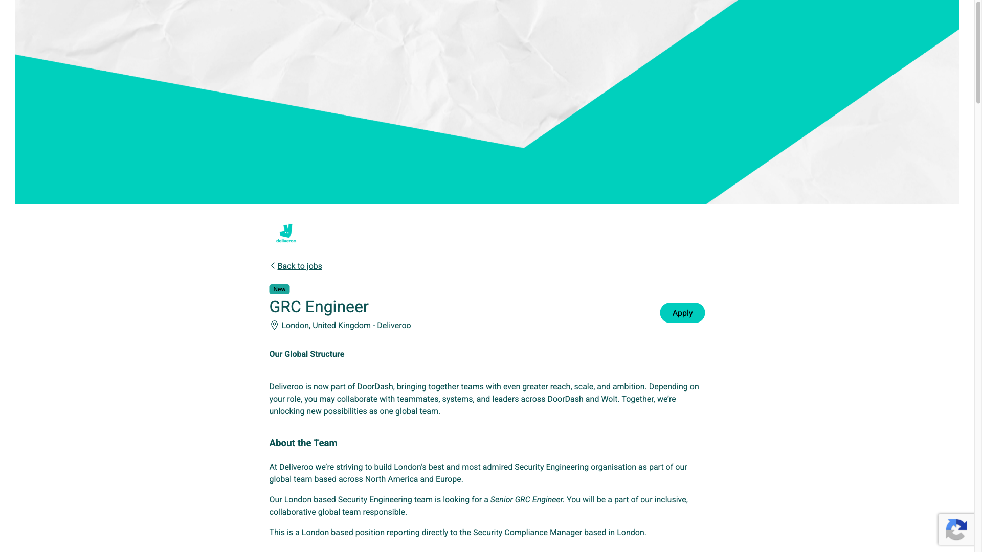 Screenshot of the Deliveroo GRC Engineer job posting, captured 2026-10-01