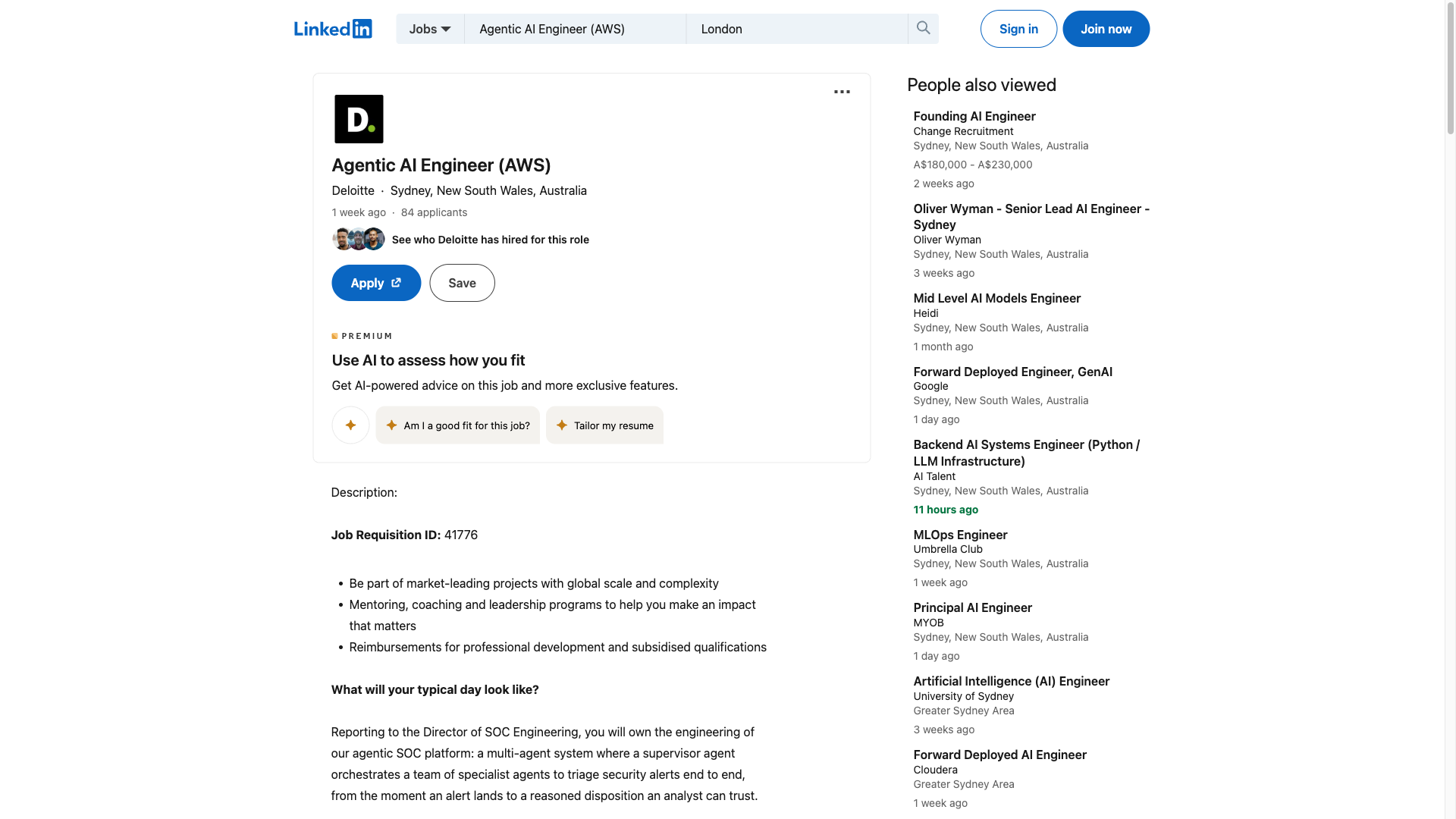 Screenshot of the Deloitte Agentic AI Engineer (AWS) job posting, captured 2026-09-23
