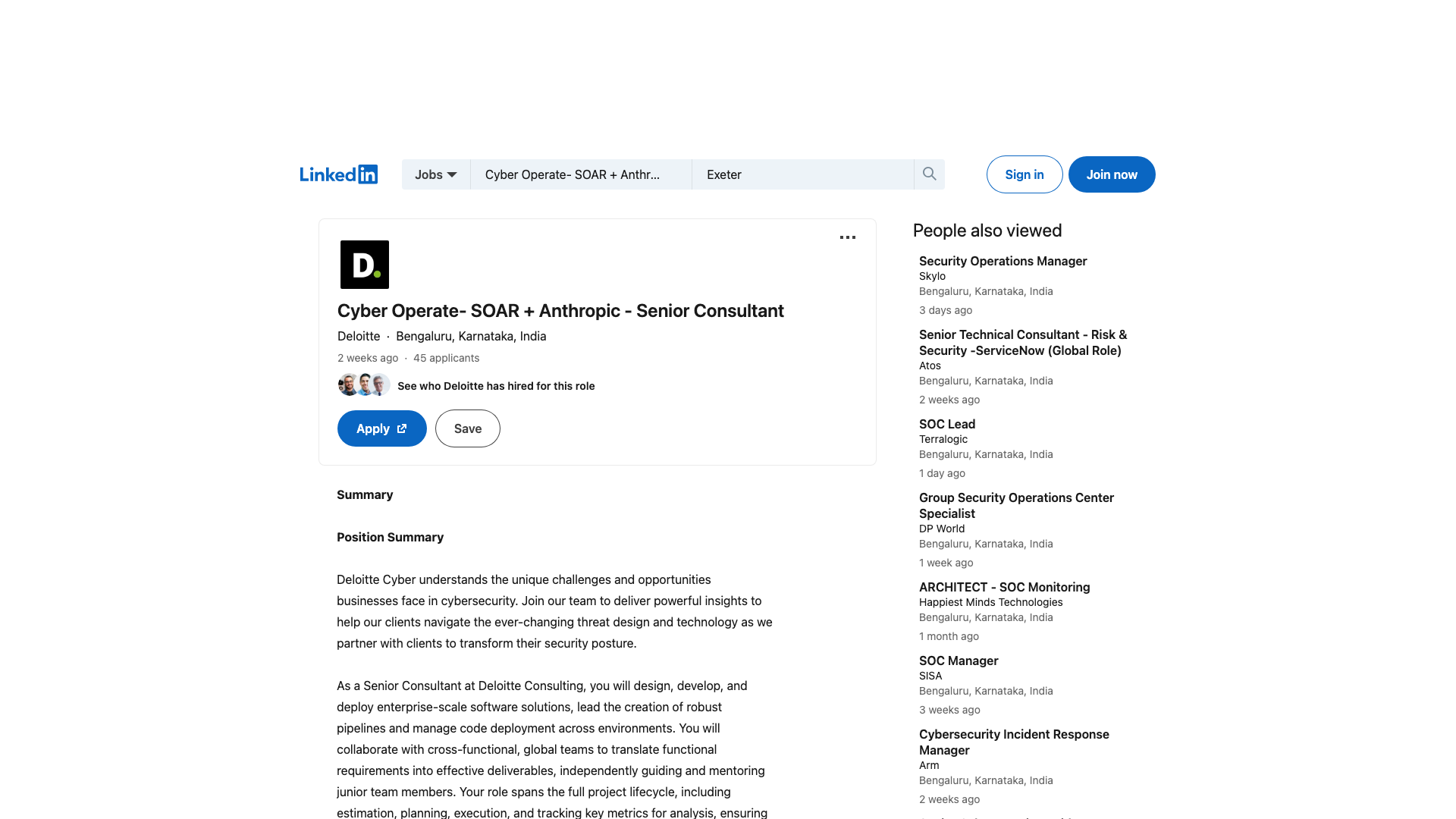 Screenshot of the Deloitte Cyber Operate - SOAR + Anthropic - Senior Consultant job posting, captured 2026-09-05