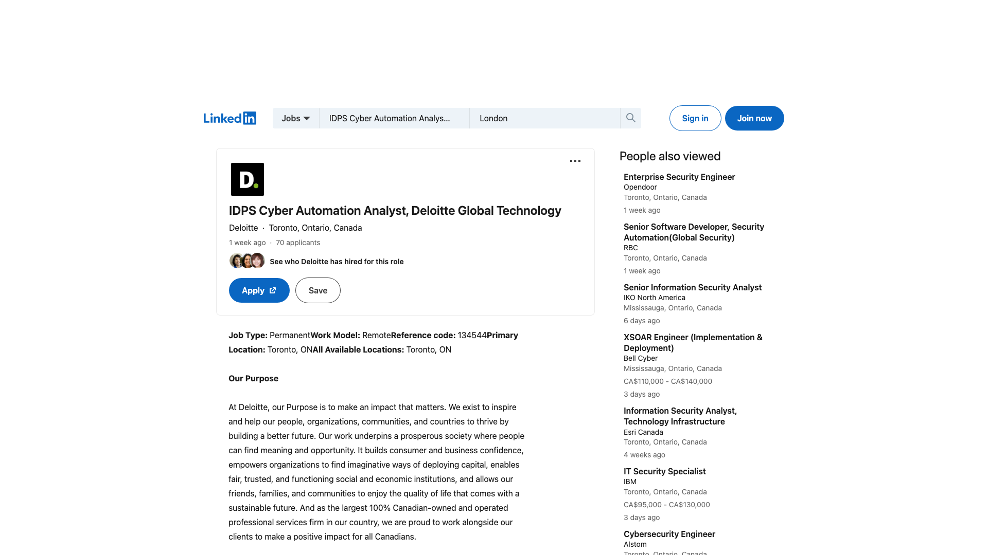 Screenshot of the Deloitte IDPS Cyber Automation Analyst, Deloitte Global Technology job posting, captured 2026-09-05