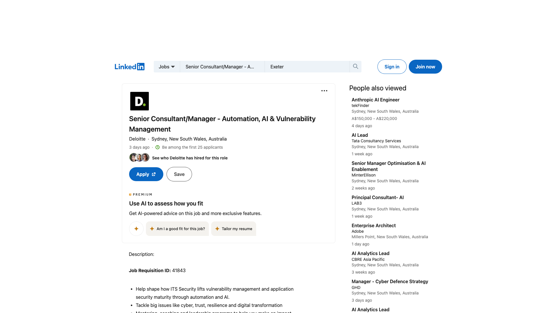Screenshot of the Deloitte Senior Consultant/Manager - Automation, AI & Vulnerability Management job posting, captured 2026-09-05