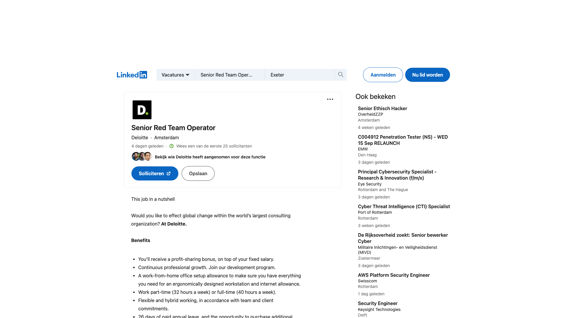 Screenshot of the Deloitte Senior Red Team Operator job posting, captured 2026-09-05