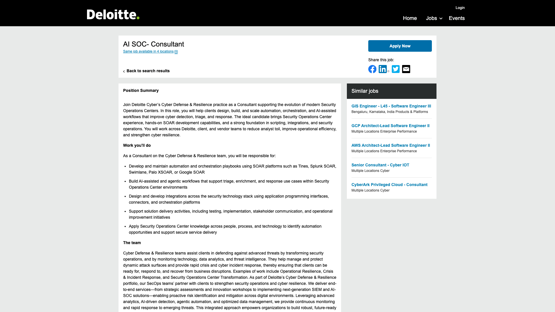 Screenshot of the Deloitte AI SOC - Consultant job posting, captured 2026-09-05