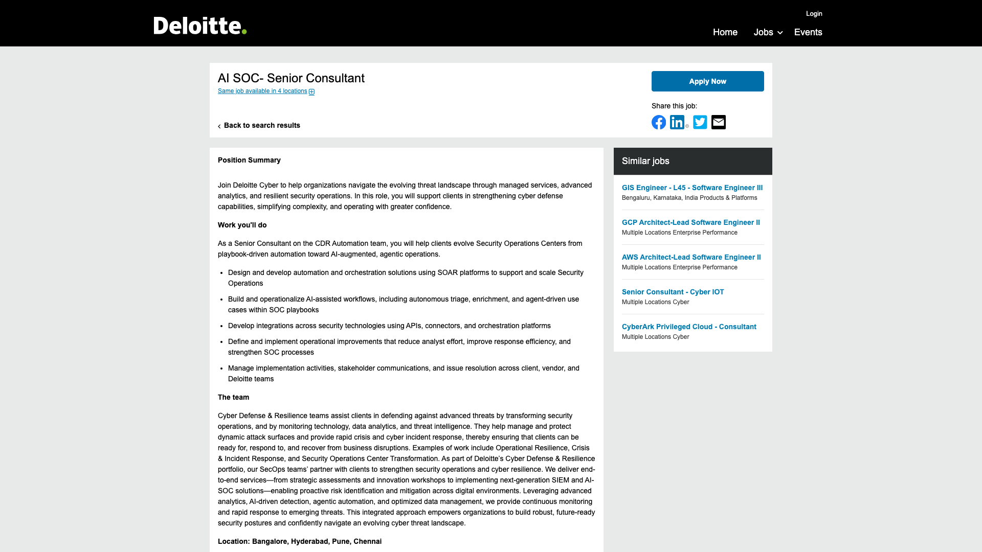 Screenshot of the Deloitte AI SOC - Senior Consultant job posting, captured 2026-09-05