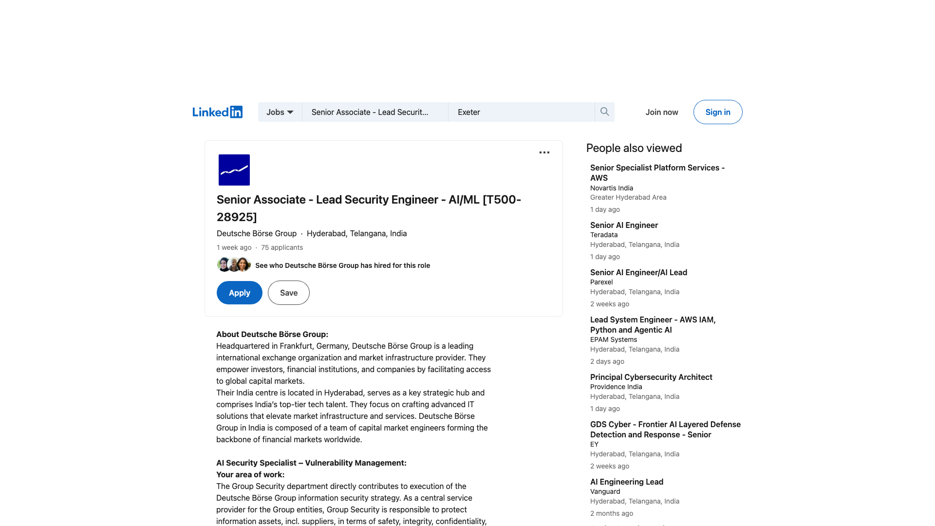 Screenshot of the Deutsche Börse Group Senior Associate - Lead Security Engineer - AI/ML job posting, captured 2026-09-05