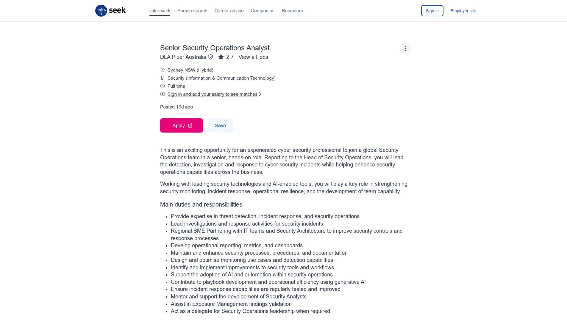 Screenshot of the DLA Piper Australia Senior Security Operations Analyst job posting, captured 2026-09-05
