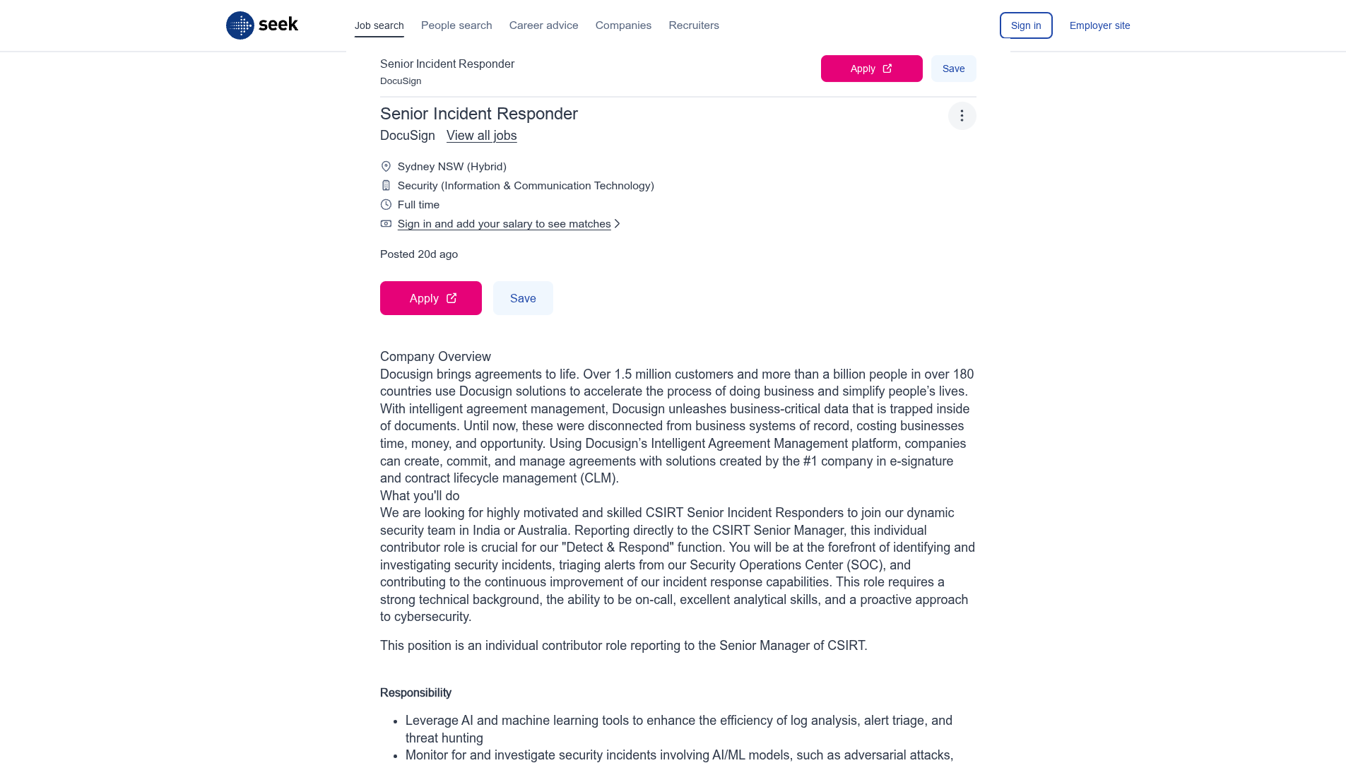 Screenshot of the DocuSign Senior Incident Responder job posting, captured 2026-09-05