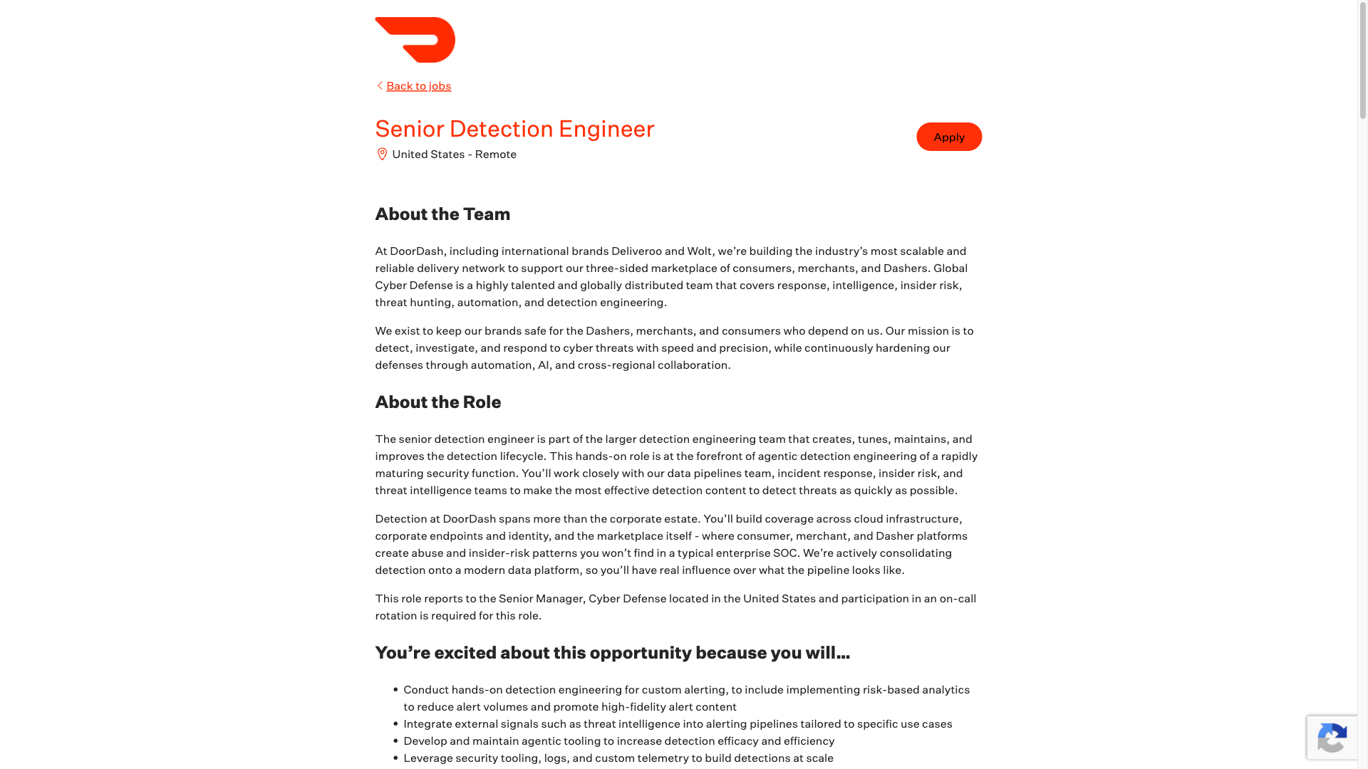 Screenshot of the DoorDash Senior Detection Engineer job posting, captured 2026-10-01