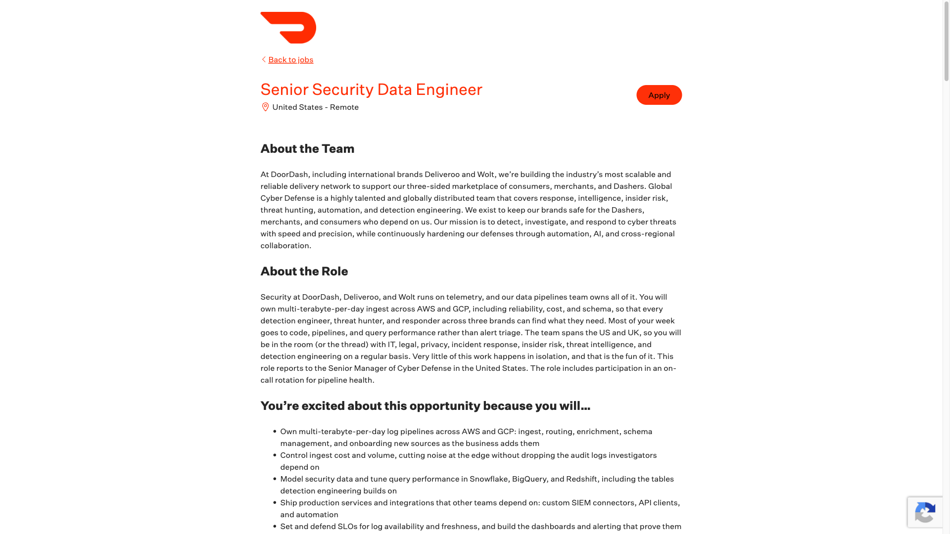 Screenshot of the DoorDash Senior Security Data Engineer job posting, captured 2026-09-29