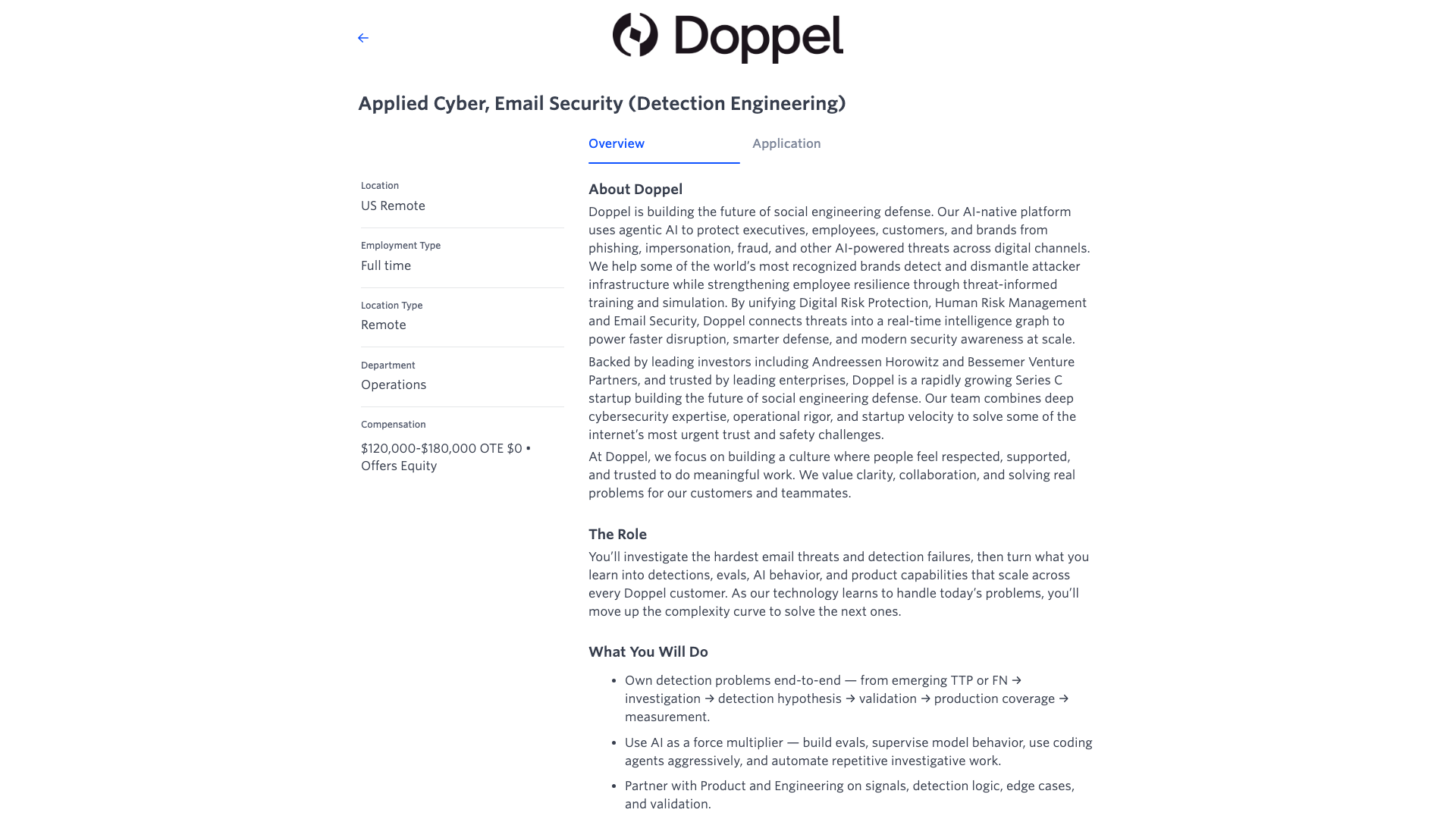 Screenshot of the Doppel Applied Cyber, Email Security (Detection Engineering) job posting, captured 2026-10-22