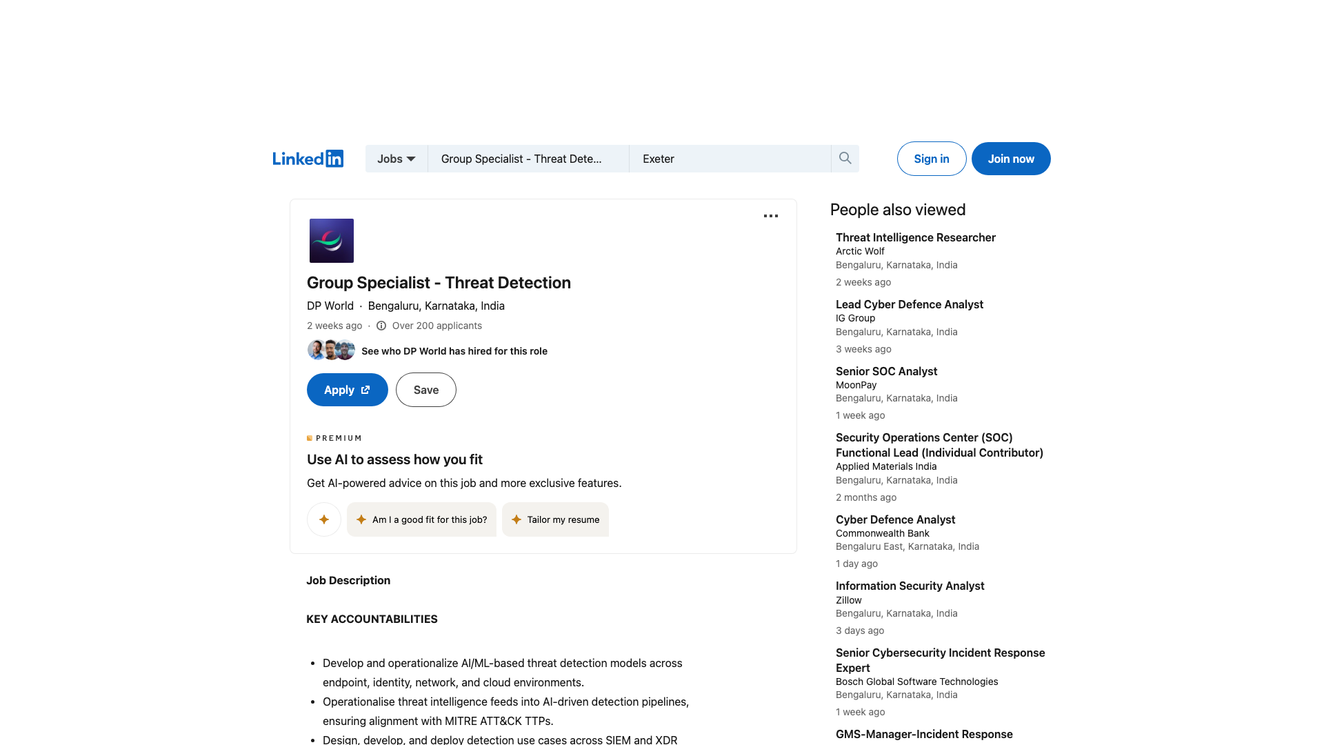 Screenshot of the DP World Group Specialist - Threat Detection job posting, captured 2026-09-05