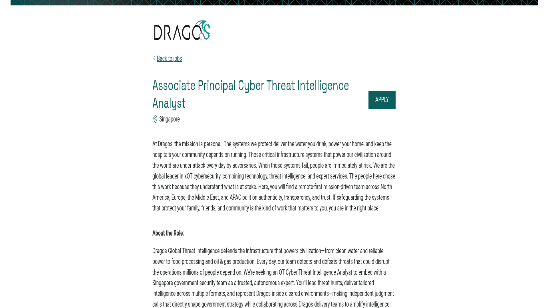 Screenshot of the Dragos Associate Principal Cyber Threat Intelligence Analyst job posting, captured 2026-08-31