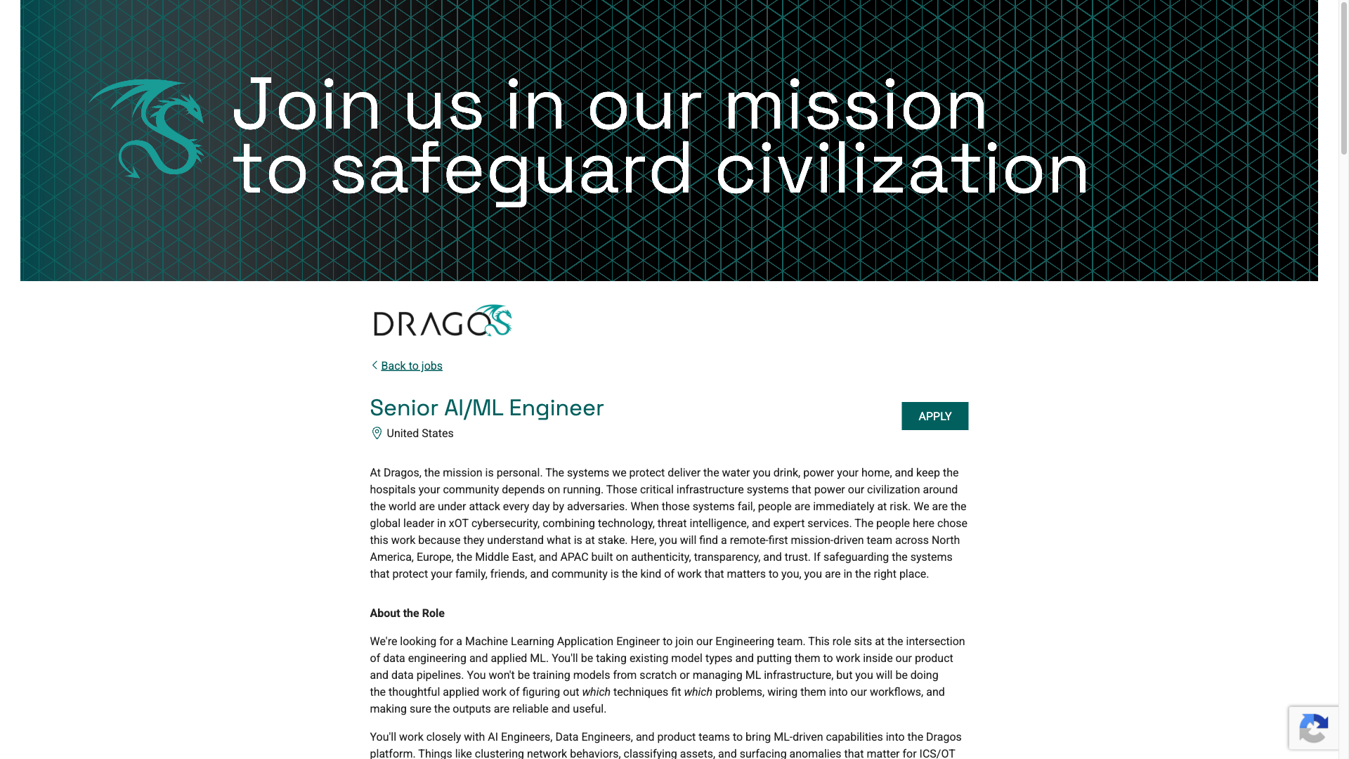 Screenshot of the Dragos Senior AI/ML Engineer job posting, captured 2026-09-29
