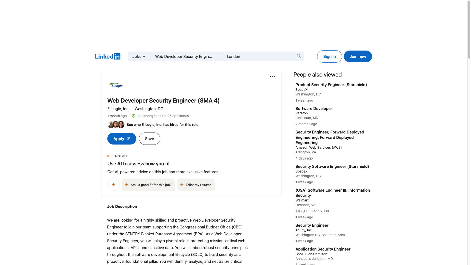 Screenshot of the E-Logic, Inc. Web Developer Security Engineer (SMA 4) job posting, captured 2026-09-23
