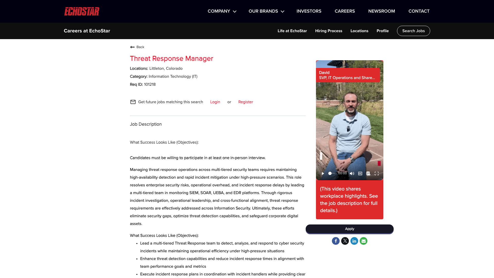 Screenshot of the EchoStar Threat Response Manager job posting, captured 2026-10-25