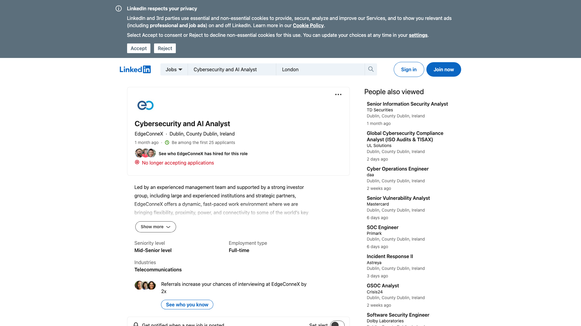Screenshot of the EdgeConneX Cybersecurity and AI Analyst job posting, captured 2026-10-22