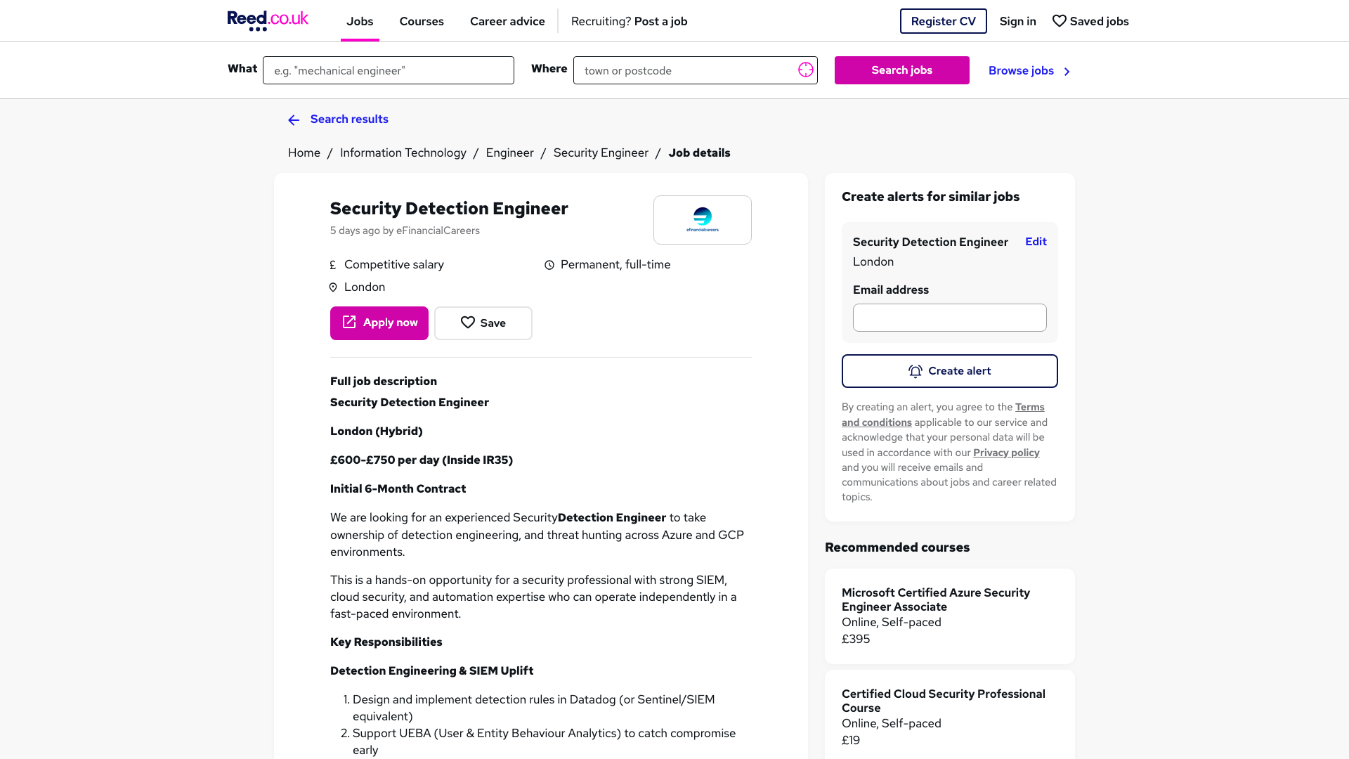 Screenshot of the eFinancialCareers (London fund, contract) Security Detection Engineer job posting, captured 2026-09-05
