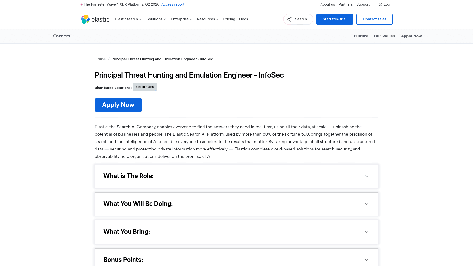 Screenshot of the Elastic Principal Threat Hunting and Emulation Engineer – InfoSec job posting, captured 2026-08-31