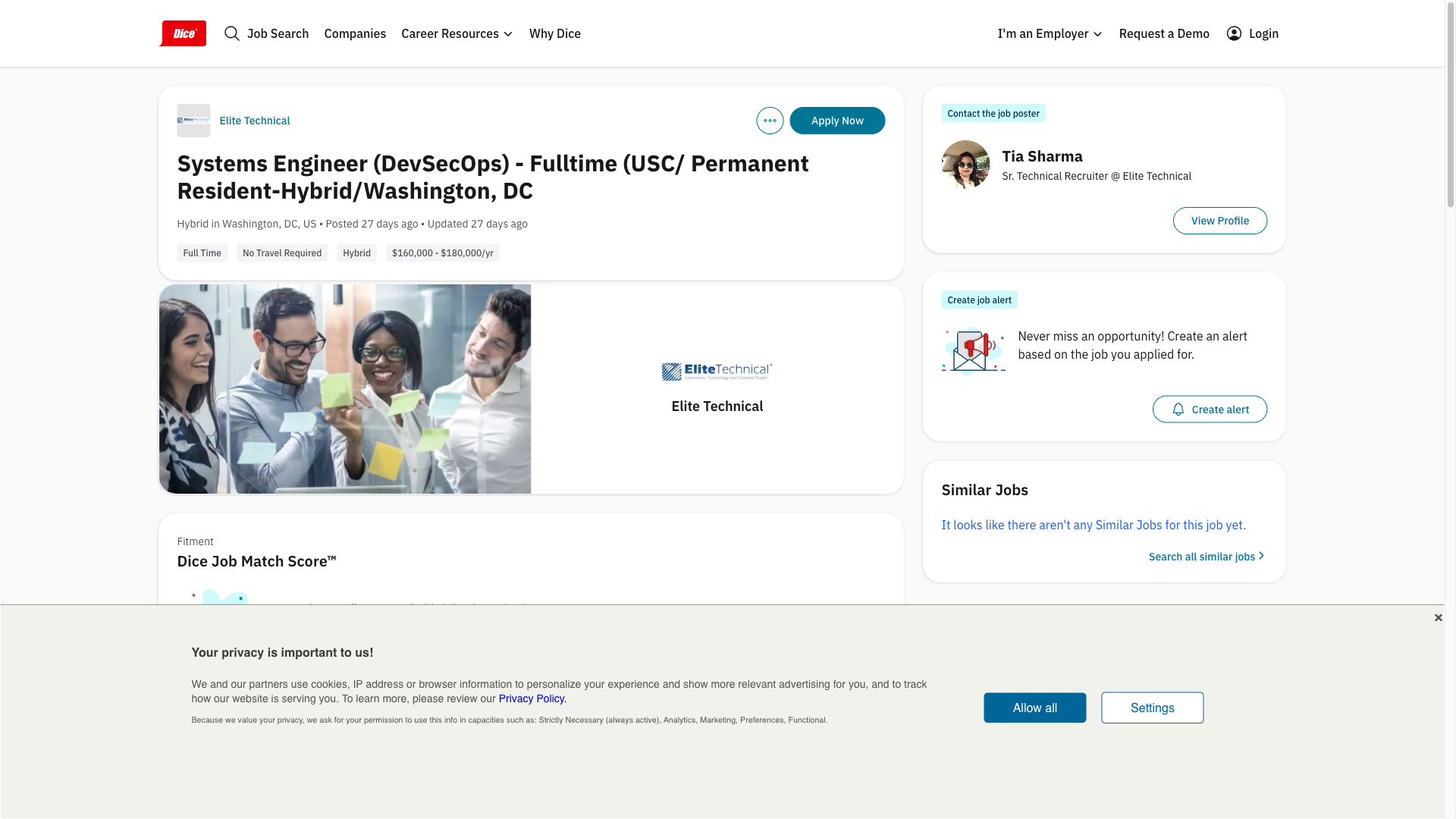 Screenshot of the Elite Technical (client undisclosed) Systems Engineer (DevSecOps) job posting, captured 2026-09-23