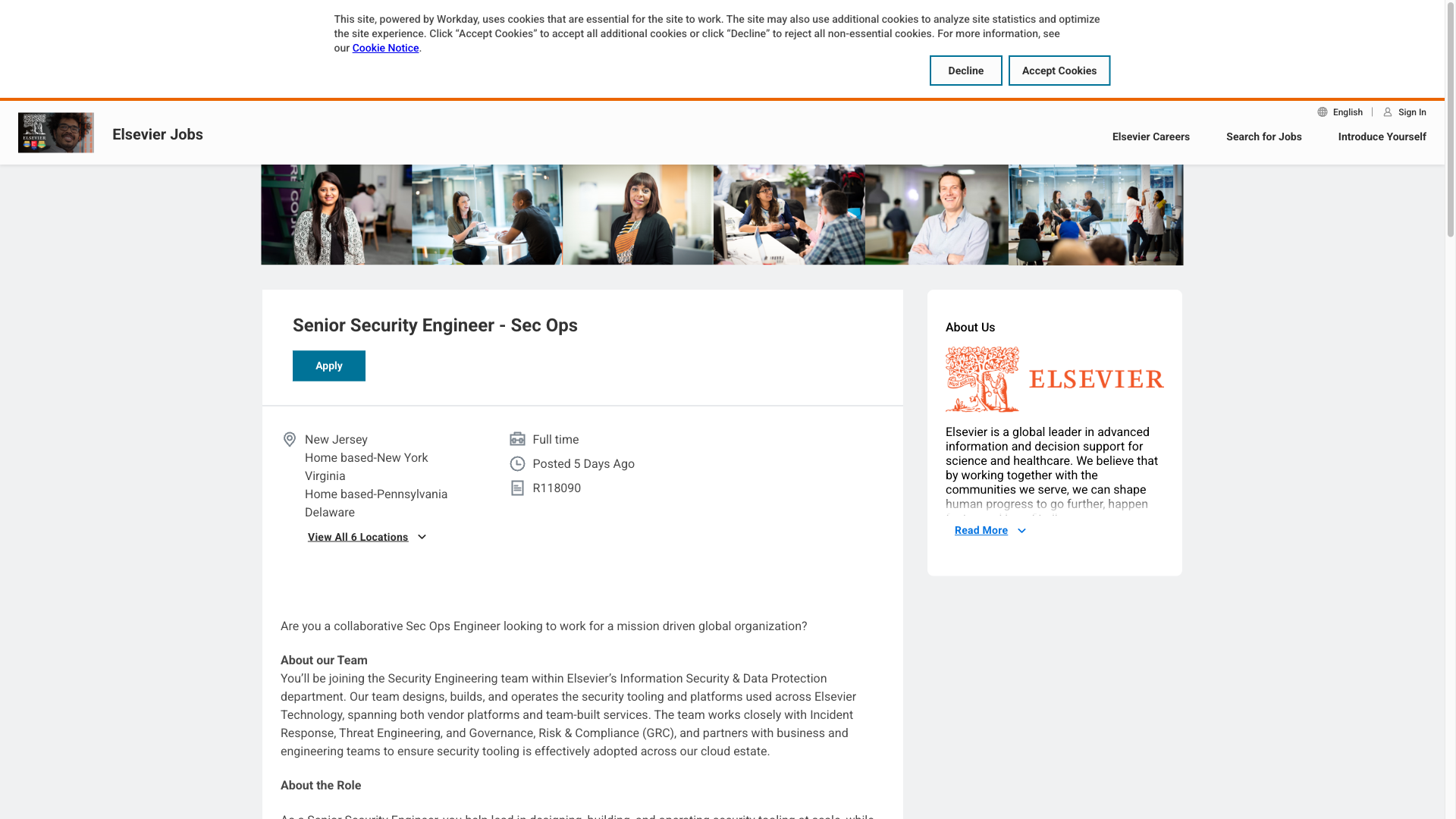 Screenshot of the Elsevier (RELX) Senior Security Engineer - Sec Ops job posting, captured 2026-09-23