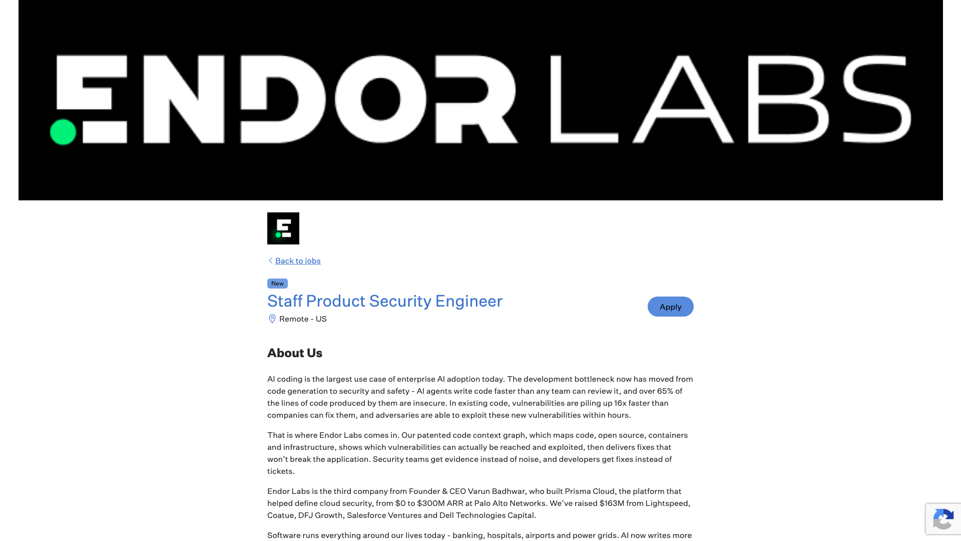 Screenshot of the Endor Labs Staff Product Security Engineer job posting, captured 2026-10-22