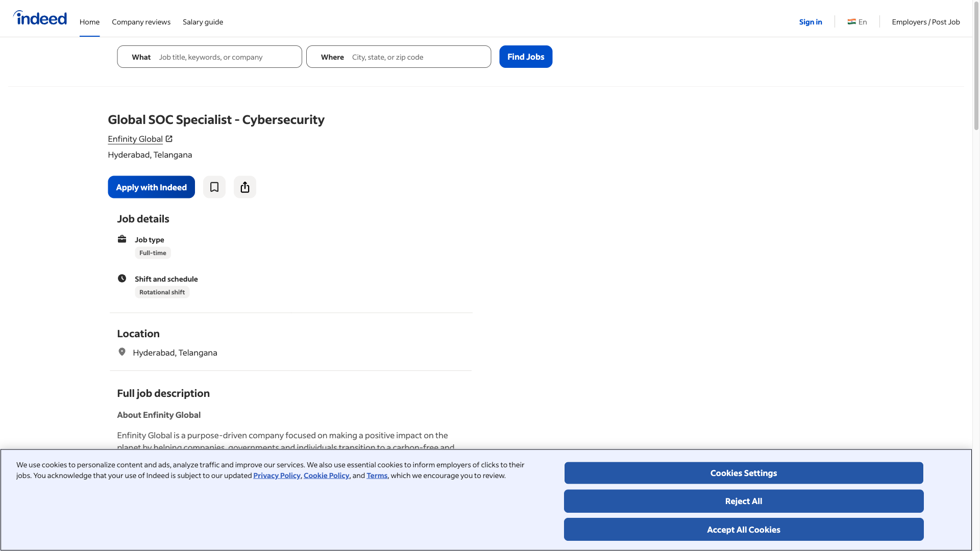 Screenshot of the Enfinity Global Global SOC Specialist - Cybersecurity (Global SOC Manager) job posting, captured 2026-09-05