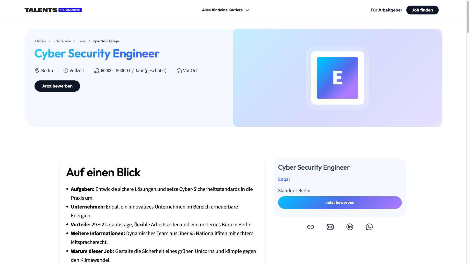 Screenshot of the Enpal Cyber Security Engineer job posting, captured 2026-09-05