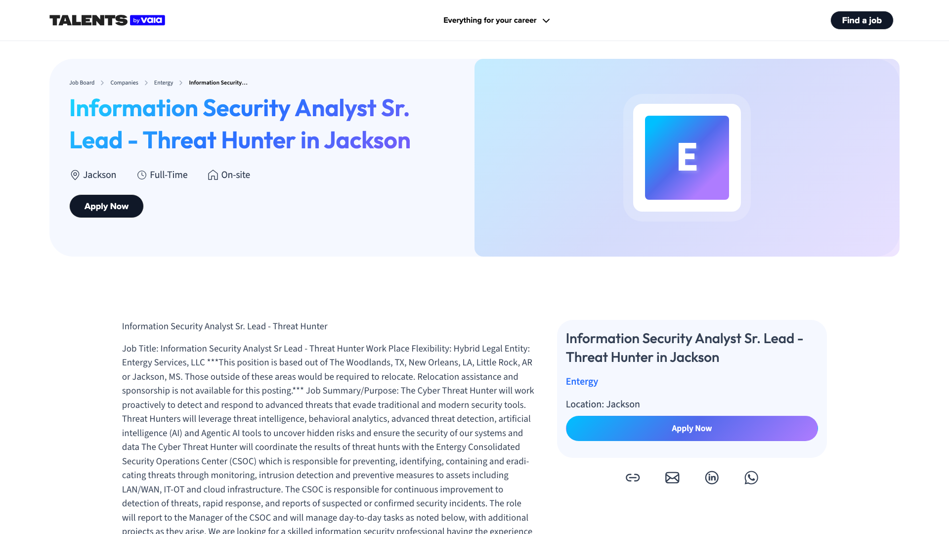 Screenshot of the Entergy Information Security Analyst Sr. Lead - Threat Hunter job posting, captured 2026-10-08