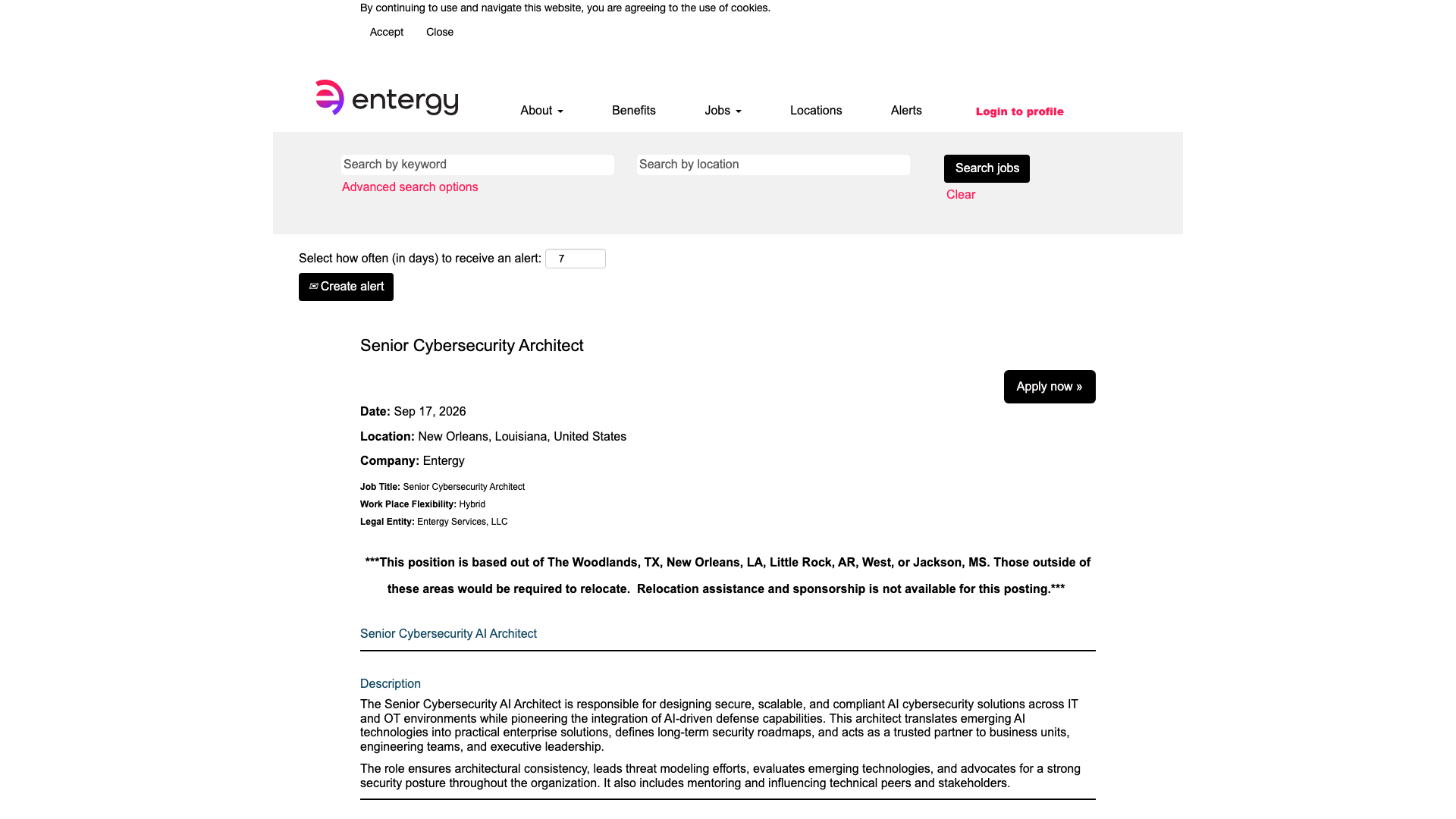 Screenshot of the Entergy Senior Cybersecurity Architect job posting, captured 2026-10-08