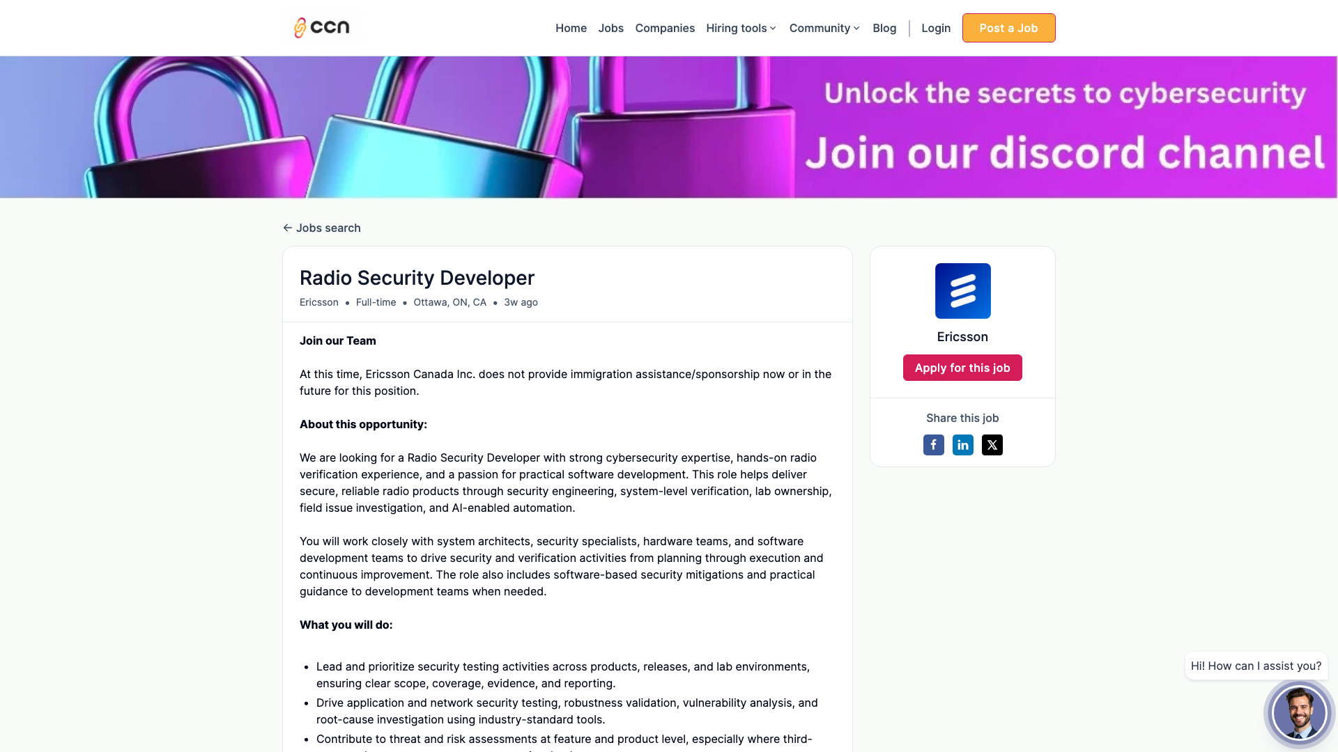 Screenshot of the Ericsson Radio Security Developer job posting, captured 2026-09-05