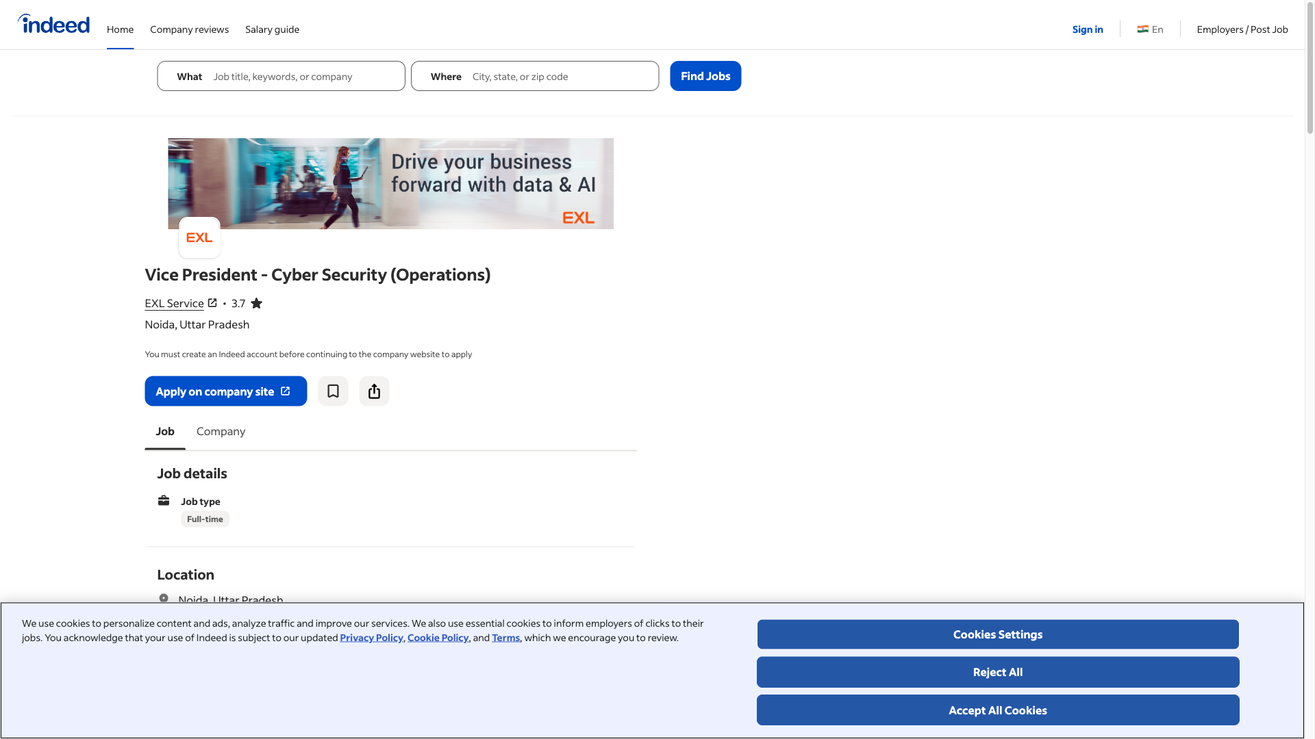 Screenshot of the EXL Vice President - Cyber Security (Operations) job posting, captured 2026-09-05