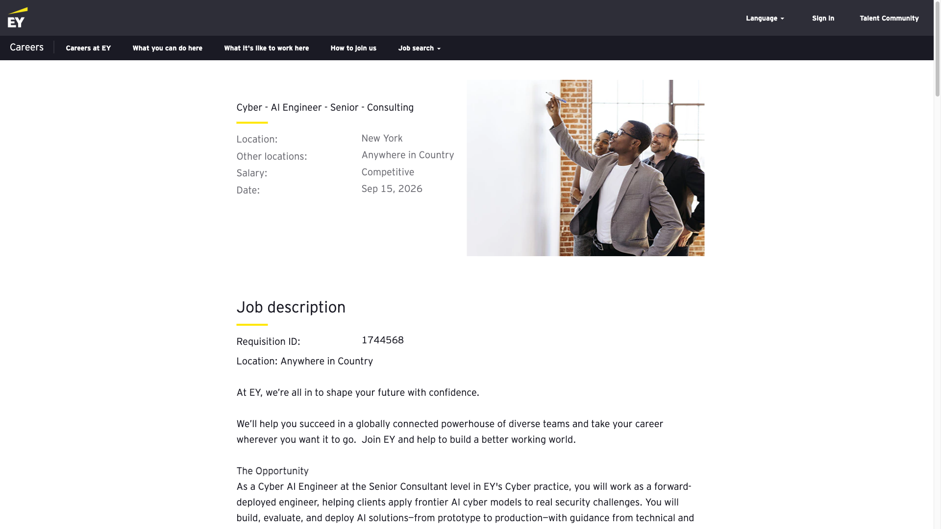 Screenshot of the EY Cyber - AI Engineer - Senior - Consulting job posting, captured 2026-10-01