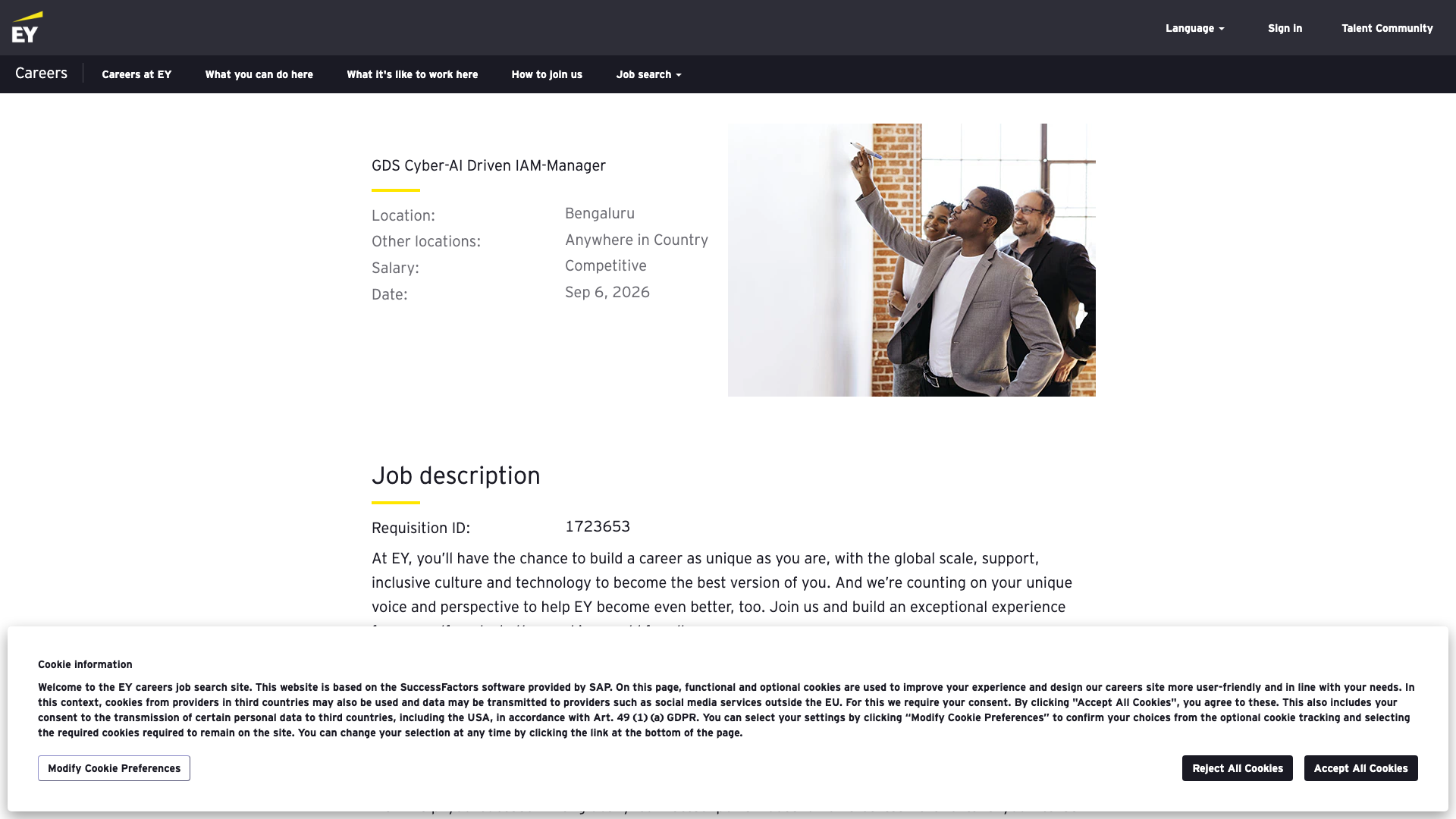 Screenshot of the EY GDS Cyber - AI Driven IAM - Manager job posting, captured 2026-09-05