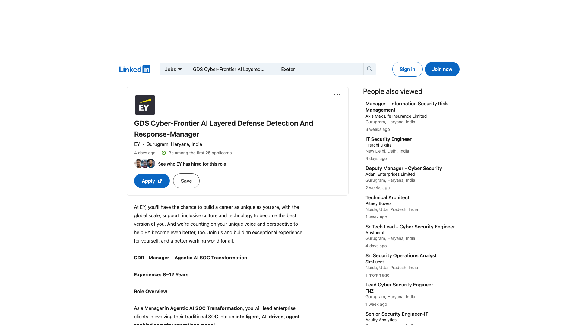Screenshot of the EY GDS Cyber - Frontier AI Layered Defense Detection and Response - Manager job posting, captured 2026-09-05