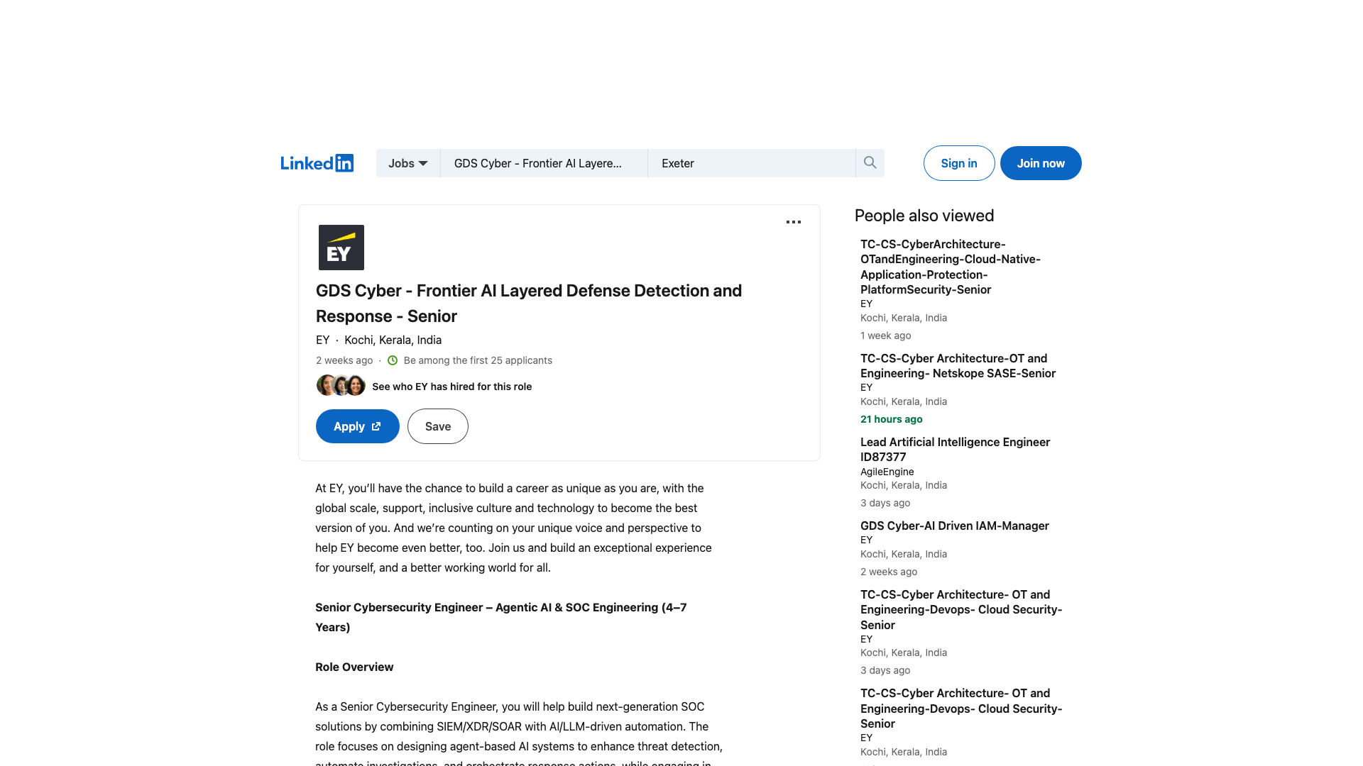 Screenshot of the EY GDS Cyber - Frontier AI Layered Defense Detection and Response - Senior job posting, captured 2026-09-05