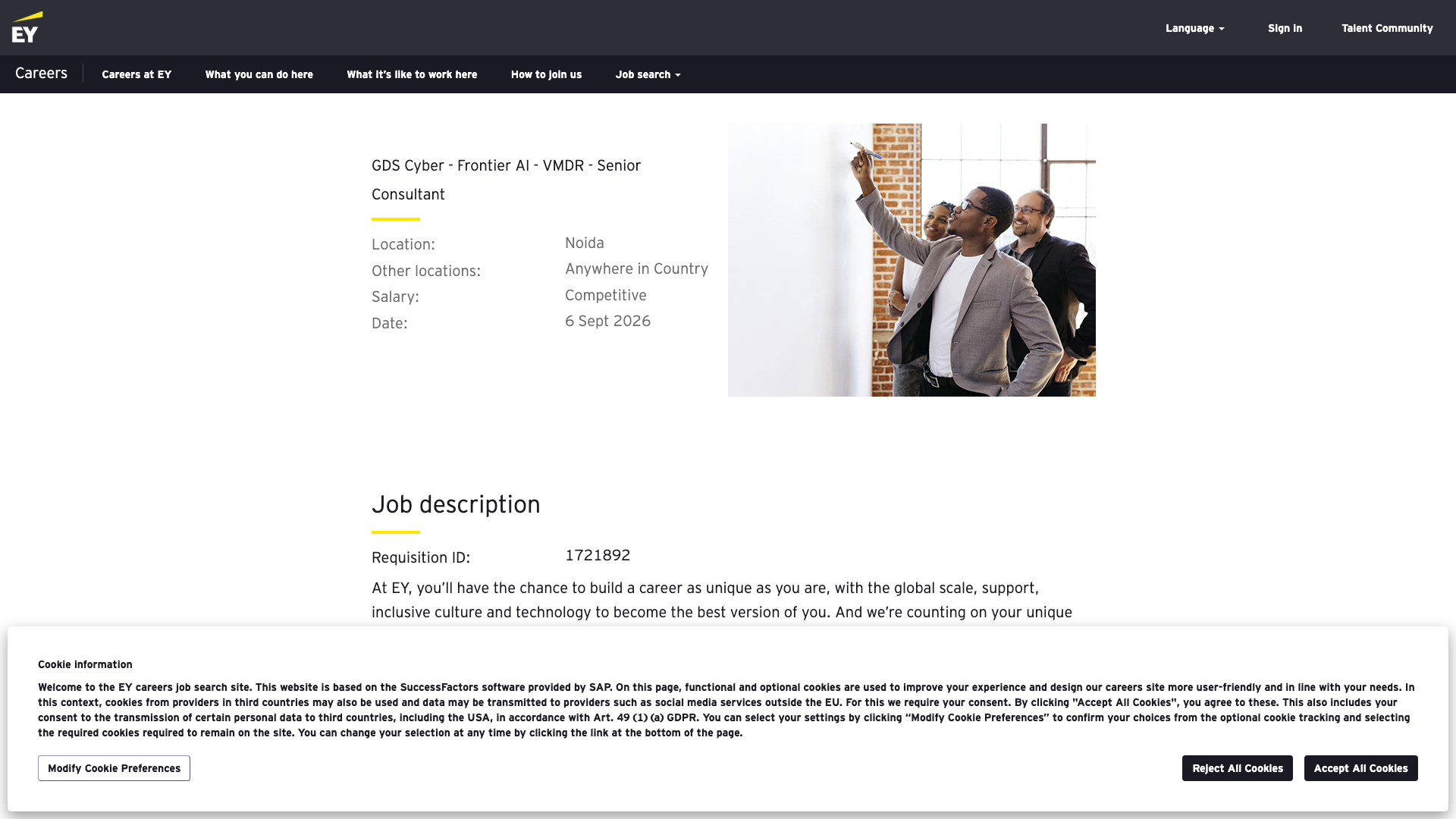 Screenshot of the EY GDS Cyber - Frontier AI - VMDR - Senior Consultant job posting, captured 2026-09-05