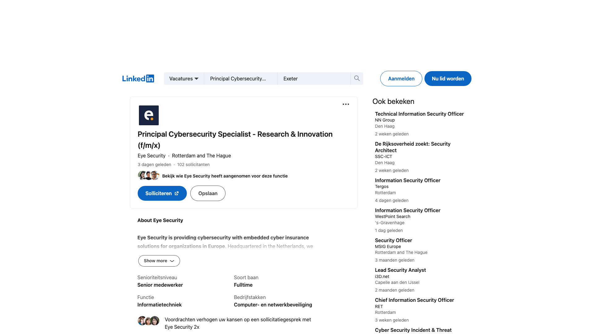 Screenshot of the Eye Security Principal Cybersecurity Specialist - Research & Innovation (f/m/x) job posting, captured 2026-09-05