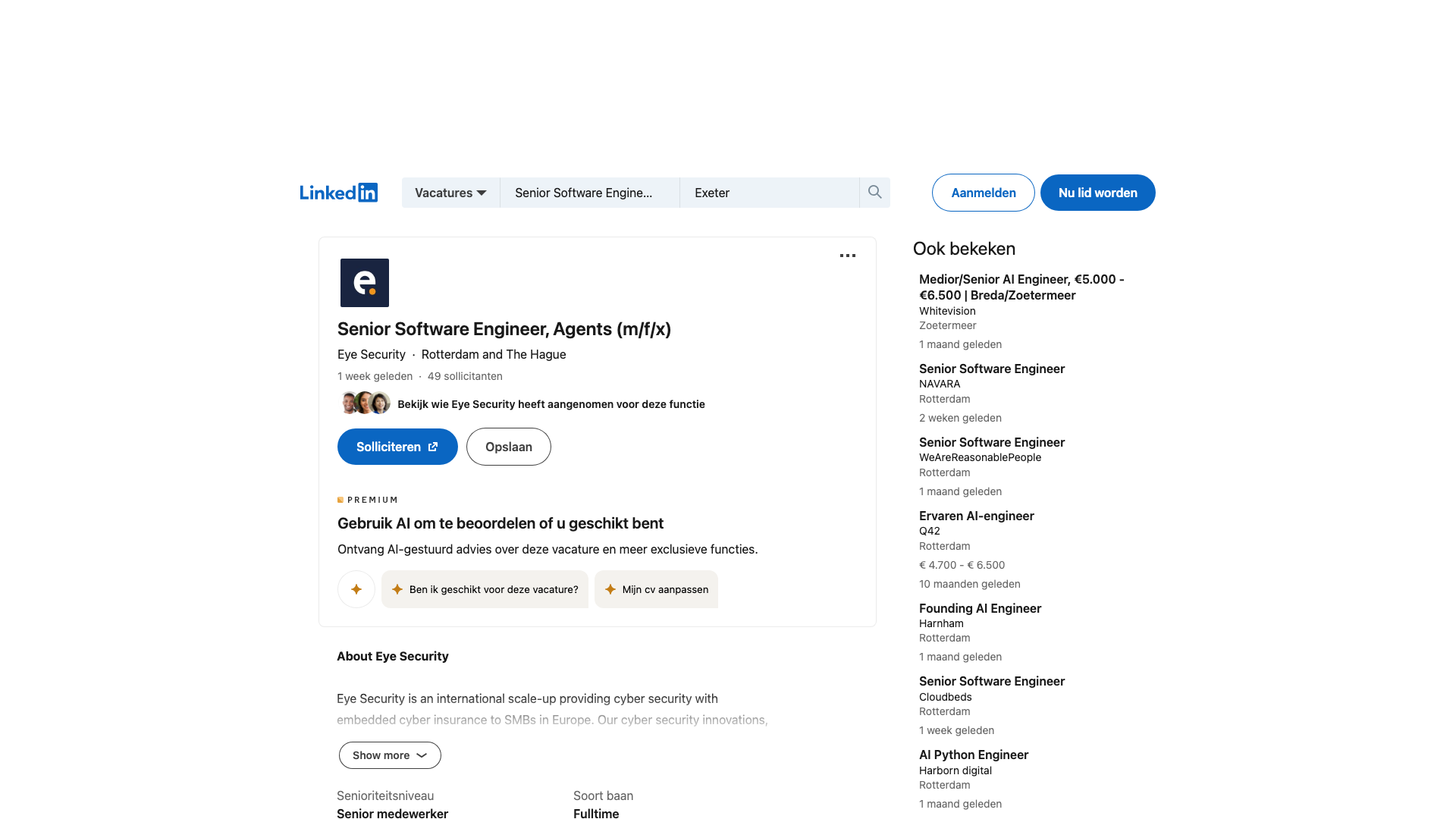 Screenshot of the Eye Security Senior Software Engineer, Agents (Agentic SOC) job posting, captured 2026-09-05