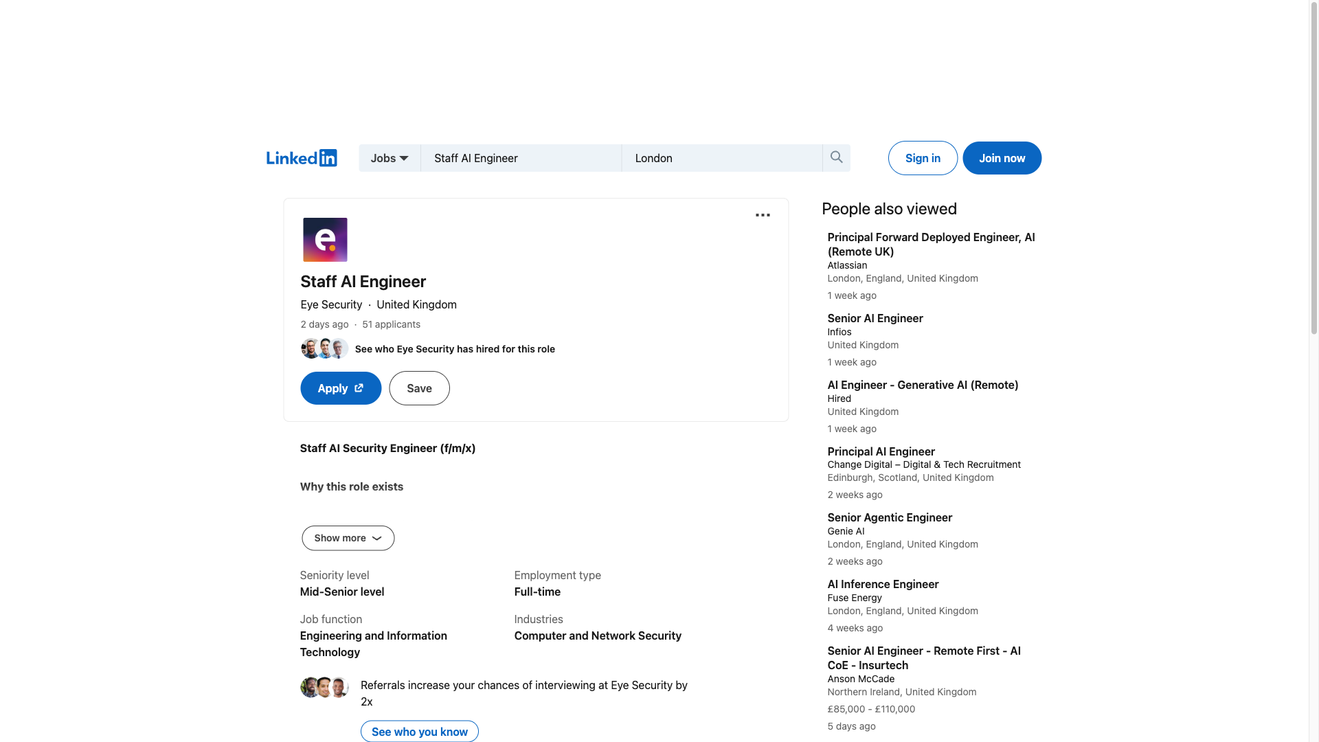 Screenshot of the Eye Security Staff AI Security Engineer (f/m/x) job posting, captured 2026-09-23