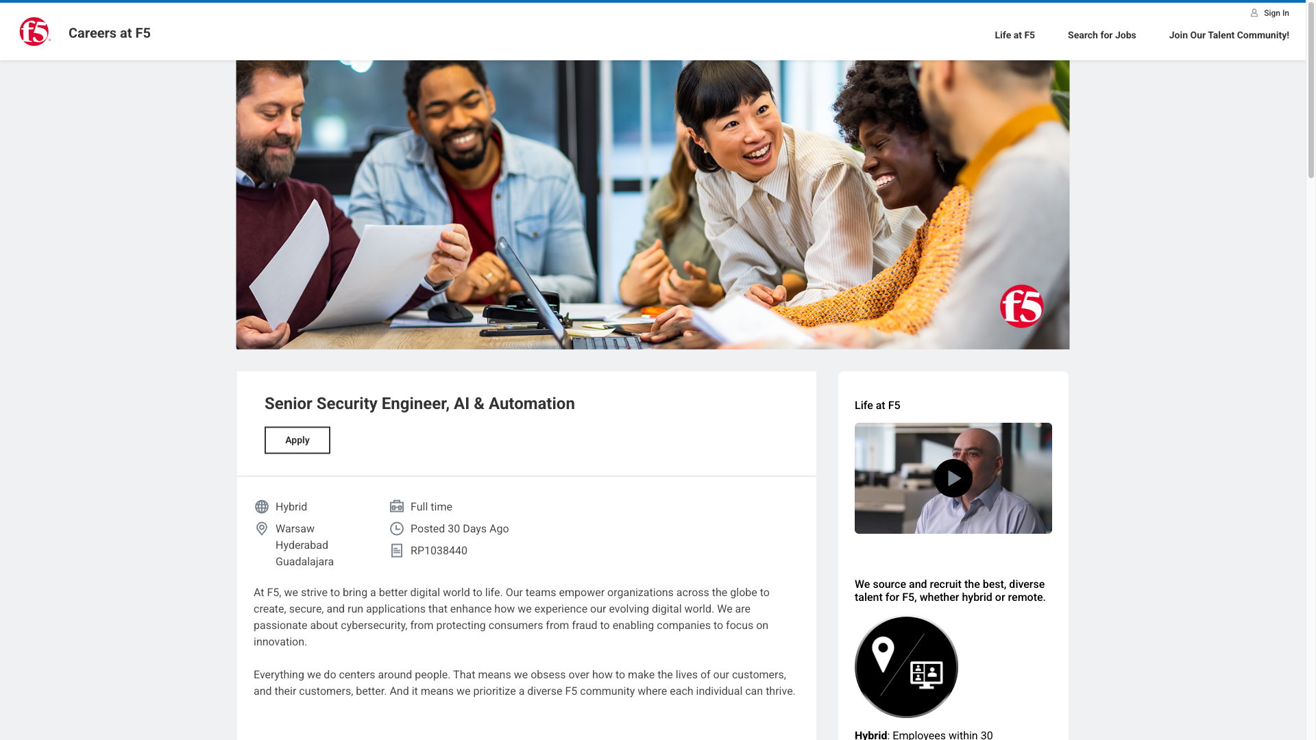 Screenshot of the F5 Senior Security Engineer, AI & Automation job posting, captured 2026-09-23