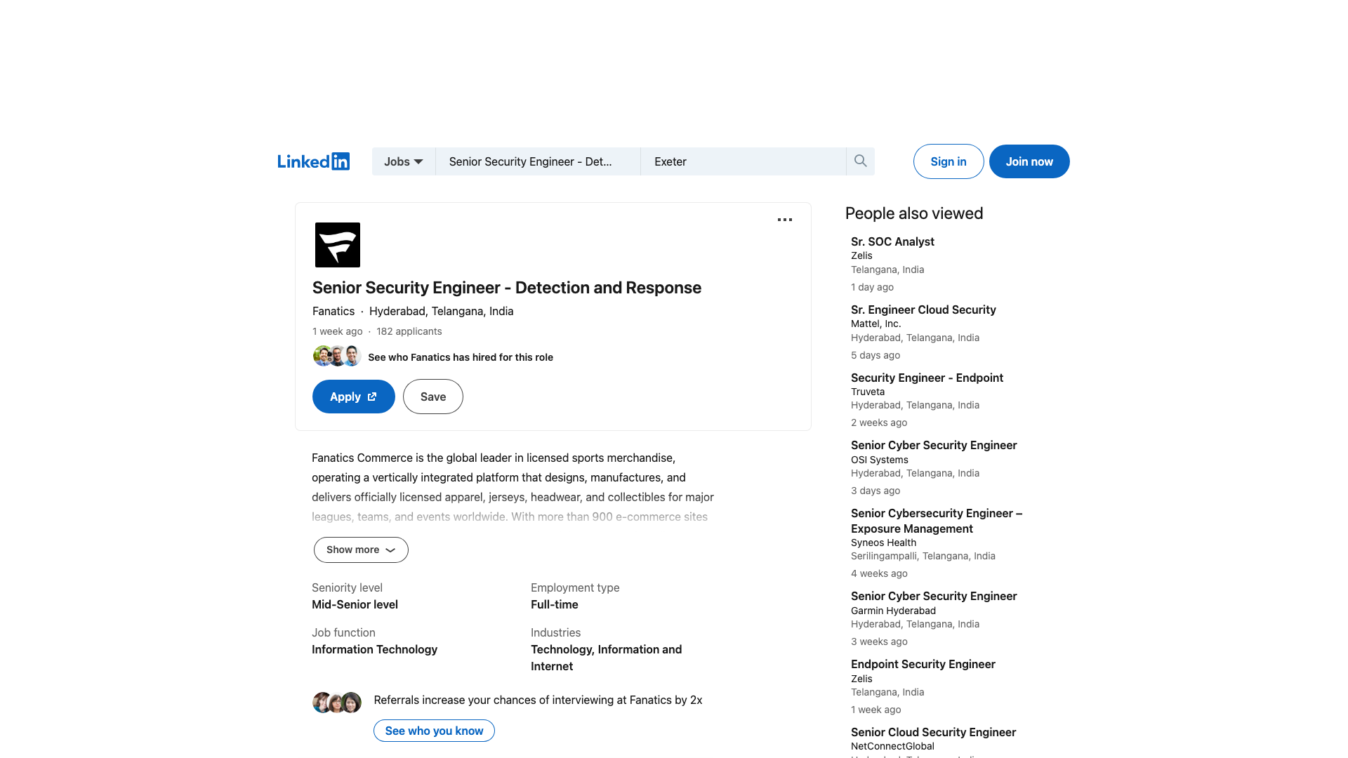 Screenshot of the Fanatics Senior Security Engineer - Detection and Response job posting, captured 2026-09-05